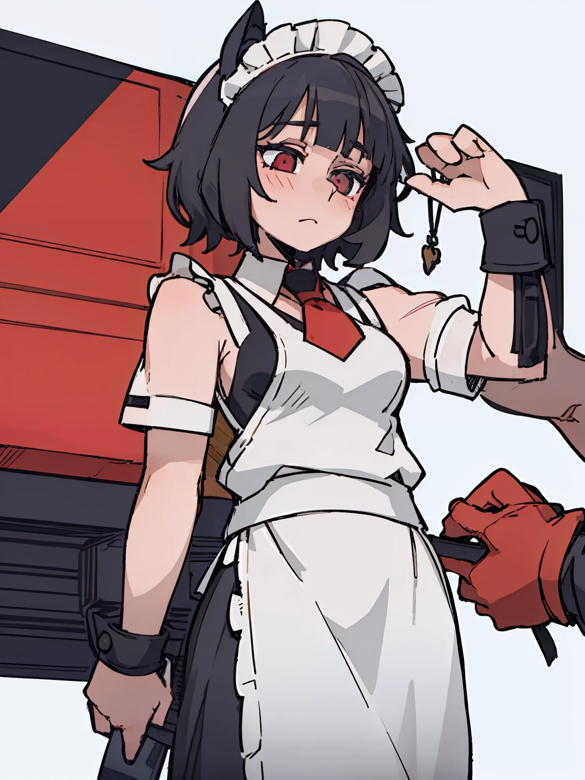 A girl frontal,((full bodyesbian,whaite hair,curlies,the maid outfit)),Hold the keychain,Young, White background