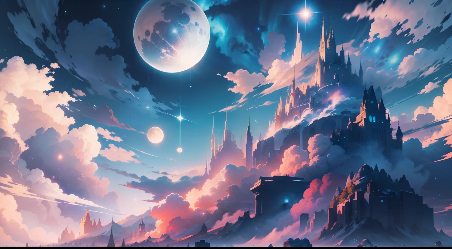 mistic,starrysky,blue colors,high qulity,high detal,fewer clouds,Sateen,Large range,Grandiose scenes,8k