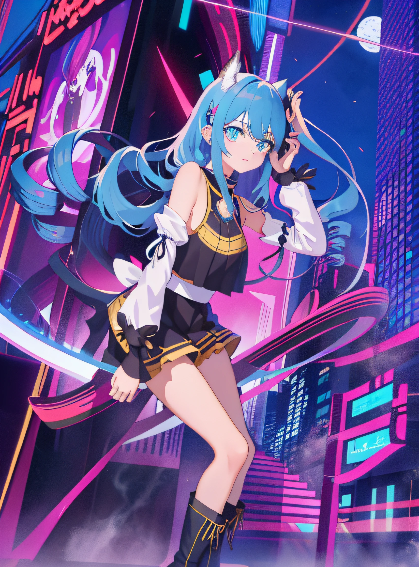1个Giant Breast Girl，Earphone， long whitr hair， 独奏， double tails， Drill your hair， halter， Very long hair， Boots， mitts， full bodyesbian， blackfootwear， Knees， sockes， Double diamond， exposed bare shoulders， looking at viewert， blue hairs， Separate the sleeves