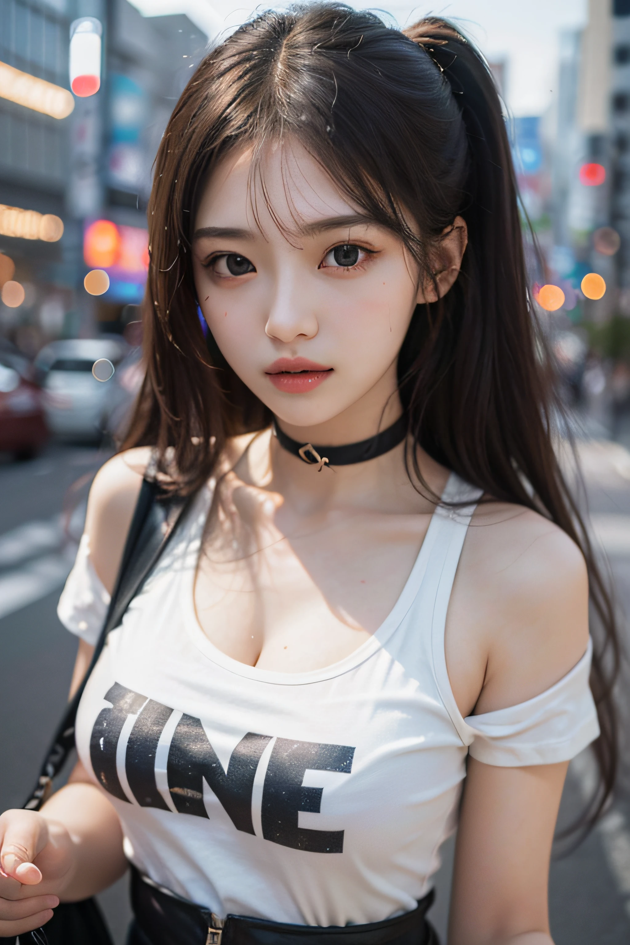 Best Quality Detail:1.2, realisitic, 8K UHD, hight resolution, 1girl in:1.2, The ultra-detailliert, High quality textures, intricate detailes, detaileds, Very detailed CG, High quality shadows, Detail Beautiful delicate face, Detail Beautiful delicate eyes, depth of fields, Ray traching, in her 20s, Pretty Kpop Girl, Korean Urzan Face:1.1, Slender face, ulzzang -6500-v1.1:0.6, pureerosface_v1, gloweyes, teak, Glossy lips, perfectbody, a choker、cleavage of the breast、 Brown hair、poneyTail:1.1, Street, Particle, look at viewr, Photorealsitic:1.4, ultra-detailliert, photos realistic, 4K 8K UHD Full Color RAW Photos, Fuji Film(Medium format:1.2), Hasselblad:1.2, Carl zeiss:1.1, Incredible dynamic range photography(UTIL_Art by Smoose-768:1.1), hight resolution, High pixel count, clear details, crisp image, Natural color reproduction, Noise Reduction, High fidelity, qulity, Software Improvements, Upscaling, Optimized algorithms, Pro-level retouching、((Shibuya, tokyo prefecture))、On the way to shopping、((Fashionable clothes with a very high design))、graphic t-shirt: Art and Logos、Graphic T-shirts printed with anime characters are trending.、Used for unique styling