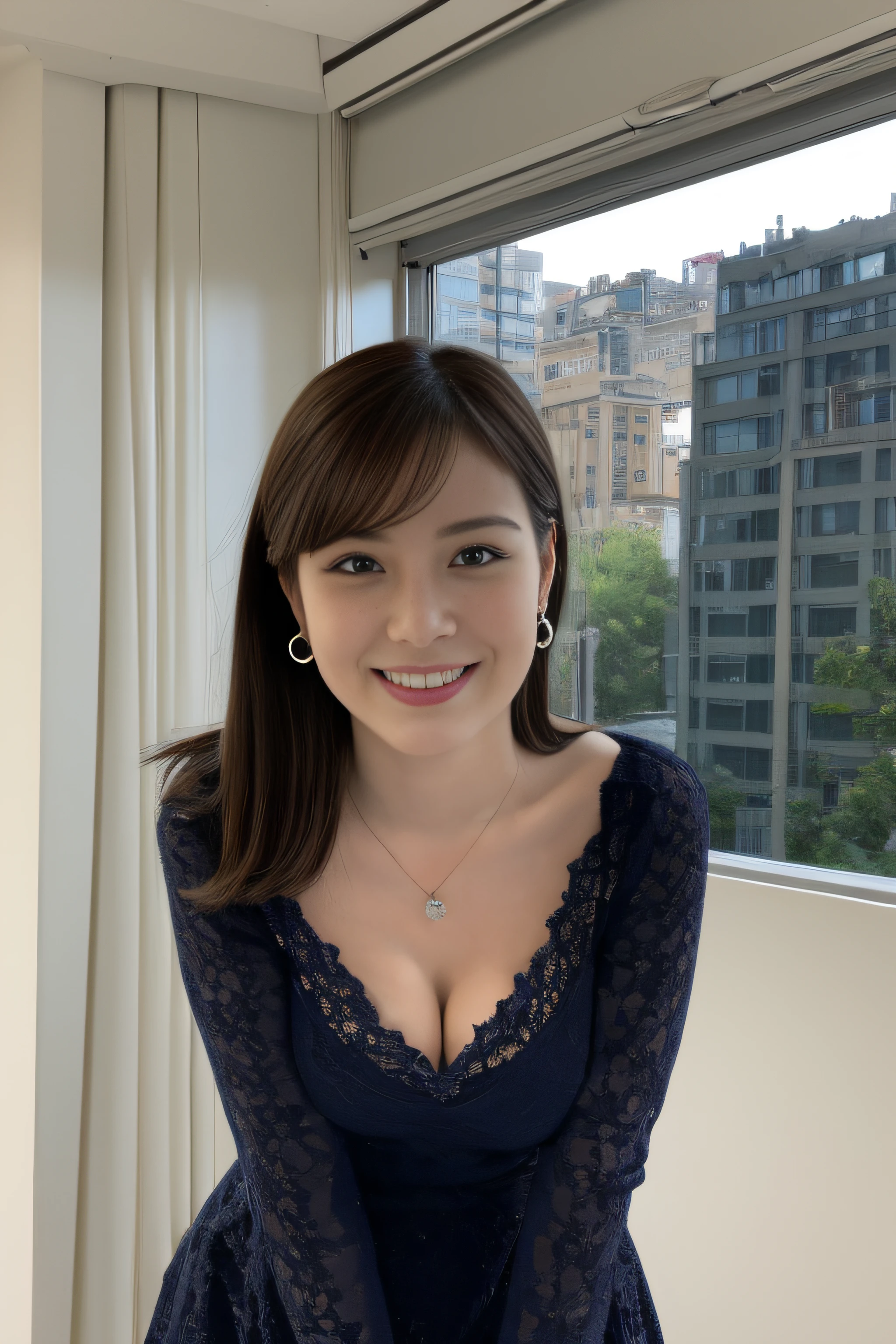 (Highly detailed 8k wallpaper), sharp focus, detailed, dramatic, delicate and beautiful young girl, (slim face, Slim Waist, Slim legs), (leaning forward:1.8), (perky uplifted breasts:1.2), cleavage, (lace embossed transparent dress), Half Butterfly Earrings, Necklace with Opal, (smile:1.05), graphics beautiful, Modern office with a view, wide windows, 3/4 body, standing by window, from above,