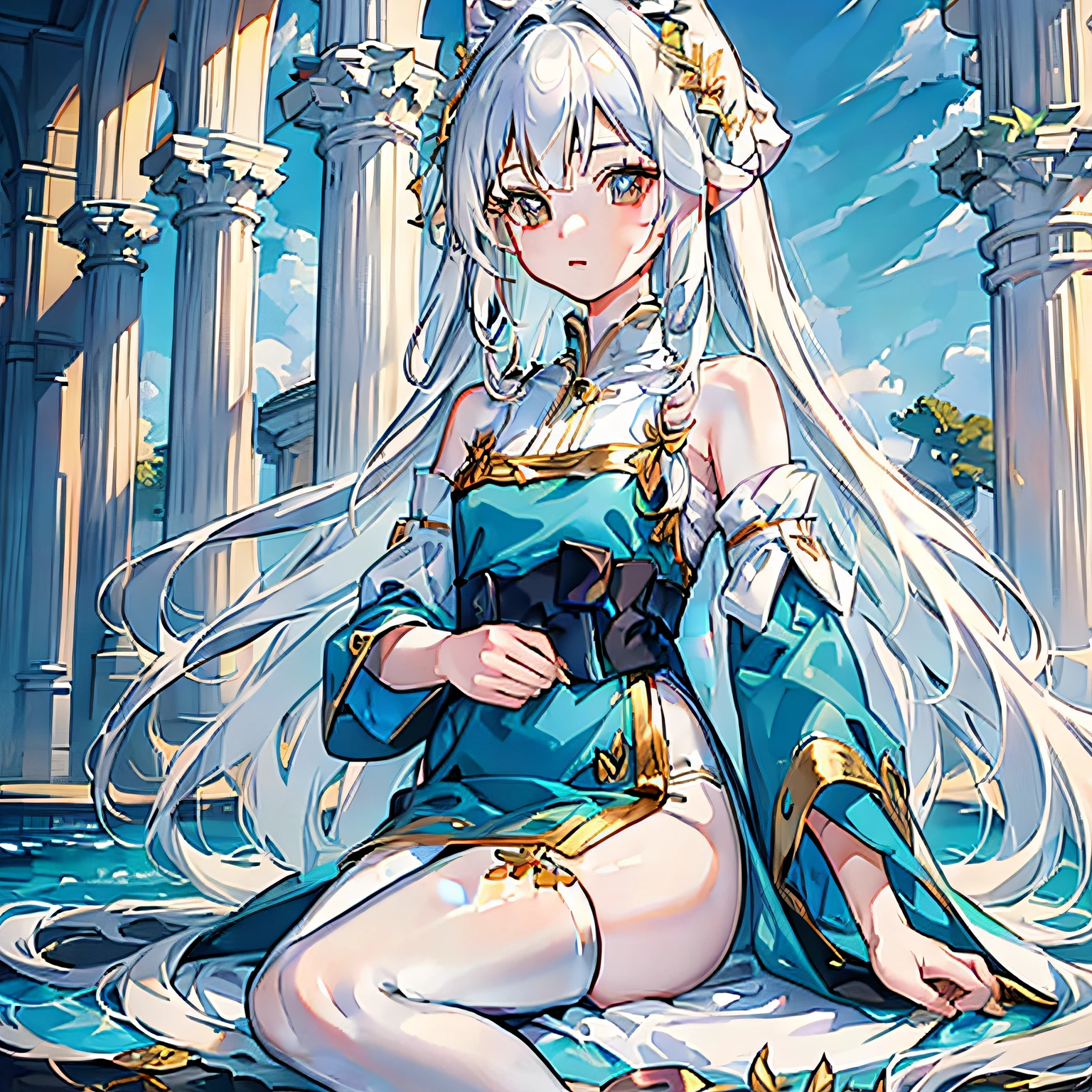 (Little girl:1.5),Lace,ribbon,Hanfu,(Masterpiece, side-lighting, Beautiful golden eyes,Exquisite details: 1.2), Masterpiece, Realistic, Glowing eyes,Shiny hair, Hair as white as snow,long whitr hair, Glossy glossy skin, Solo, embarressed,No shoulder strap,Exquisite,prettify,sonoko,Flowers,flying petal,Mermaid ears,Adult daughter,Royal Sister,ocean water,fish flocks
