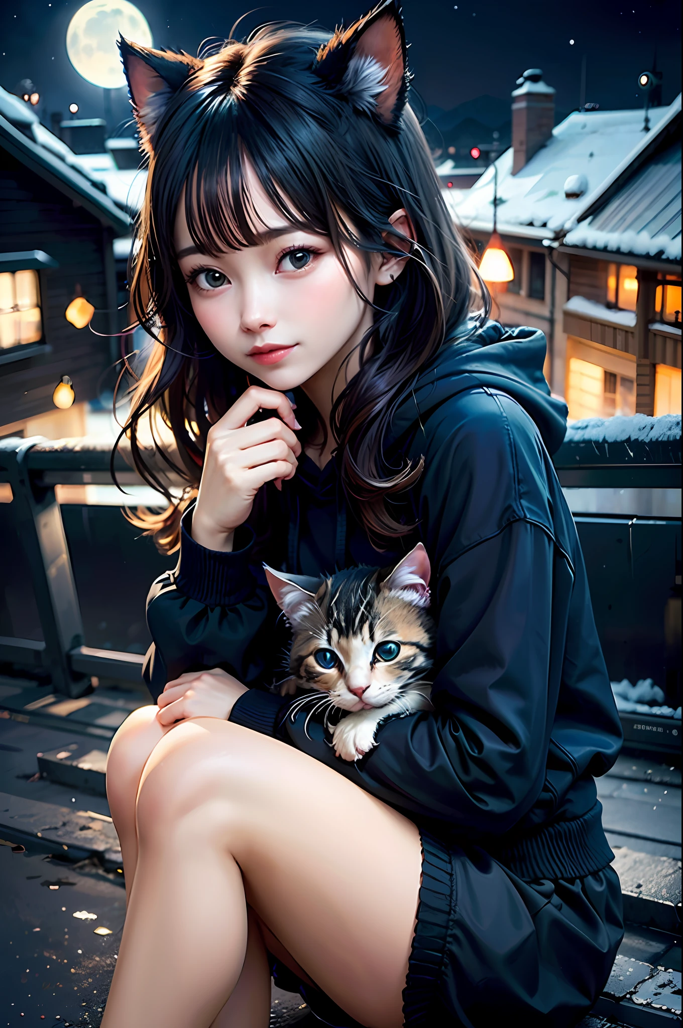 there is a woman in a black hoody and black shorts with kitten,night,mountain