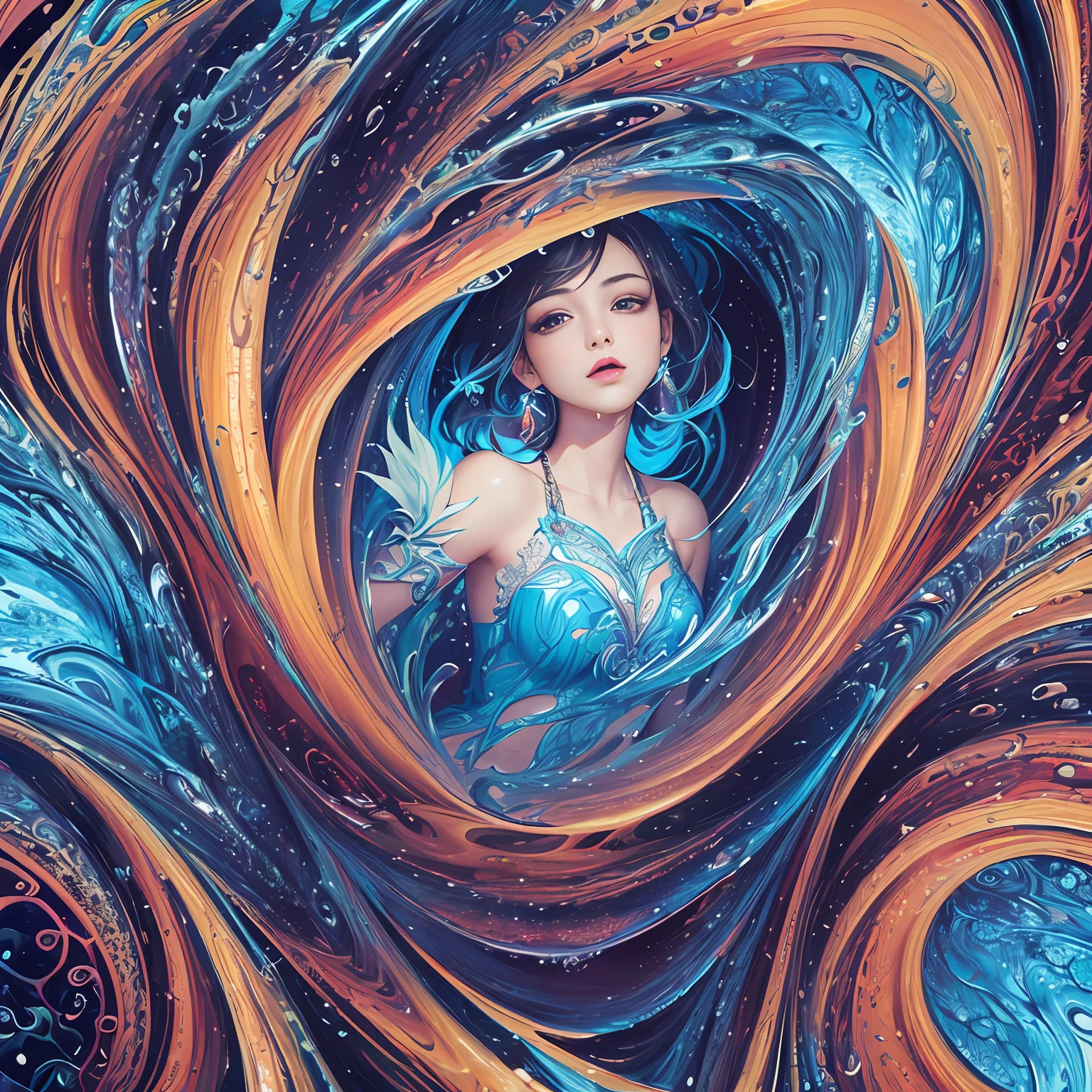 (masutepiece, of the highest quality, Best Quality, Official art, Beautiful and aesthetic:1.2), (1girl in:1.3), Extremely detailed,(Fractal Art:1.1),(Colorful:1.1)(Sea:1.3),highest details,(Zentangle:1.2), (Dynamic Pose), (Abstract background:1.3), (Many colors:1.4), ,(earrings),  (water:1.5)