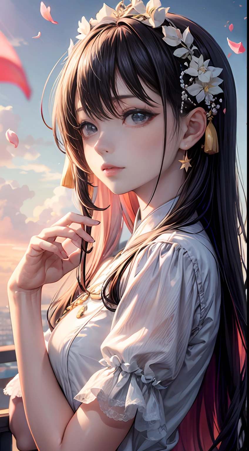 ChineseGirl ,classical,Clouds,Skysky,petals,Delicate lines,Beautiful face,long whitr hair,Pearl hair accessories,gradient sky,starlights,The color of pastels,fine gloss,clean backdrop,3Drenderingof,Soft focus,oc,IP of the best quality,8K