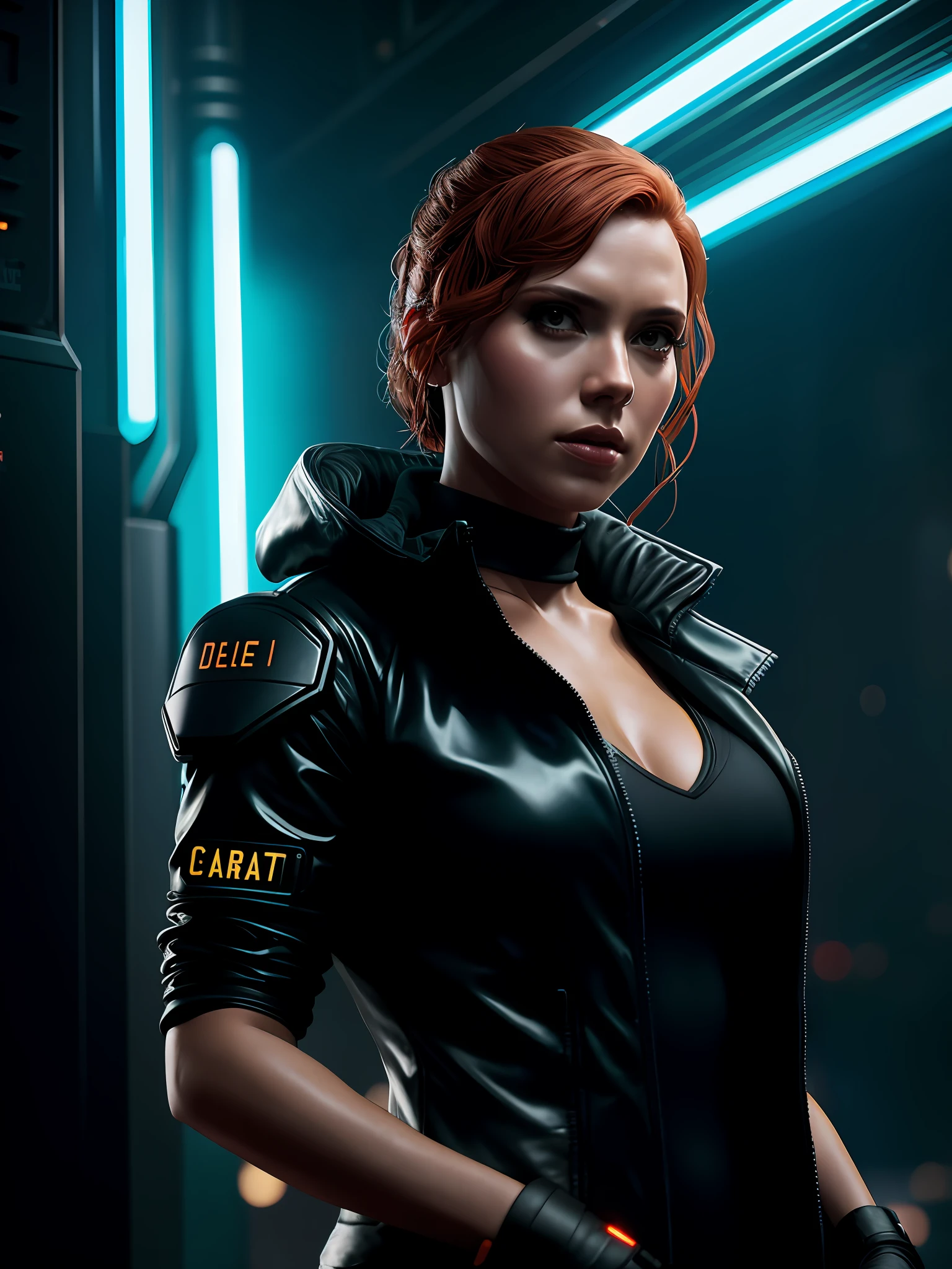 Close-up, neve, blade runner aesthetics, Jantar Blade Runner, uma Black Widow muito bonita, com roupas cyberpunk em uma cidade cyberpunk movimentada com placas de neon, neon lights, foco nítido, Studio photo, detalhes intrincados, altamente detalhado, profundidade de campo, foco nítido, High detail, textura de pele realista, Realistic, fotorrealista, Arte Digital, tinta escura, Directed by: Greg Rutkowski