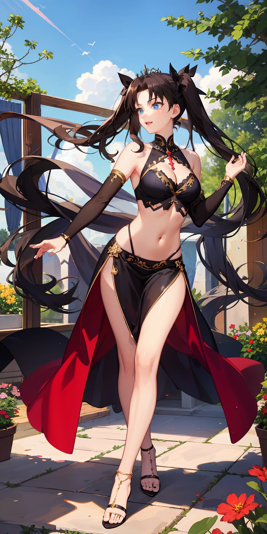 long hair, black hair, medium breast, slim legs, happy, bluish gown, cleavage, arabian belly dancer , short skirt, rin tohsaka, twin tail, navel, garden, blue eyes, tiara, standing, thigh high socks, sunlight, shoulderless