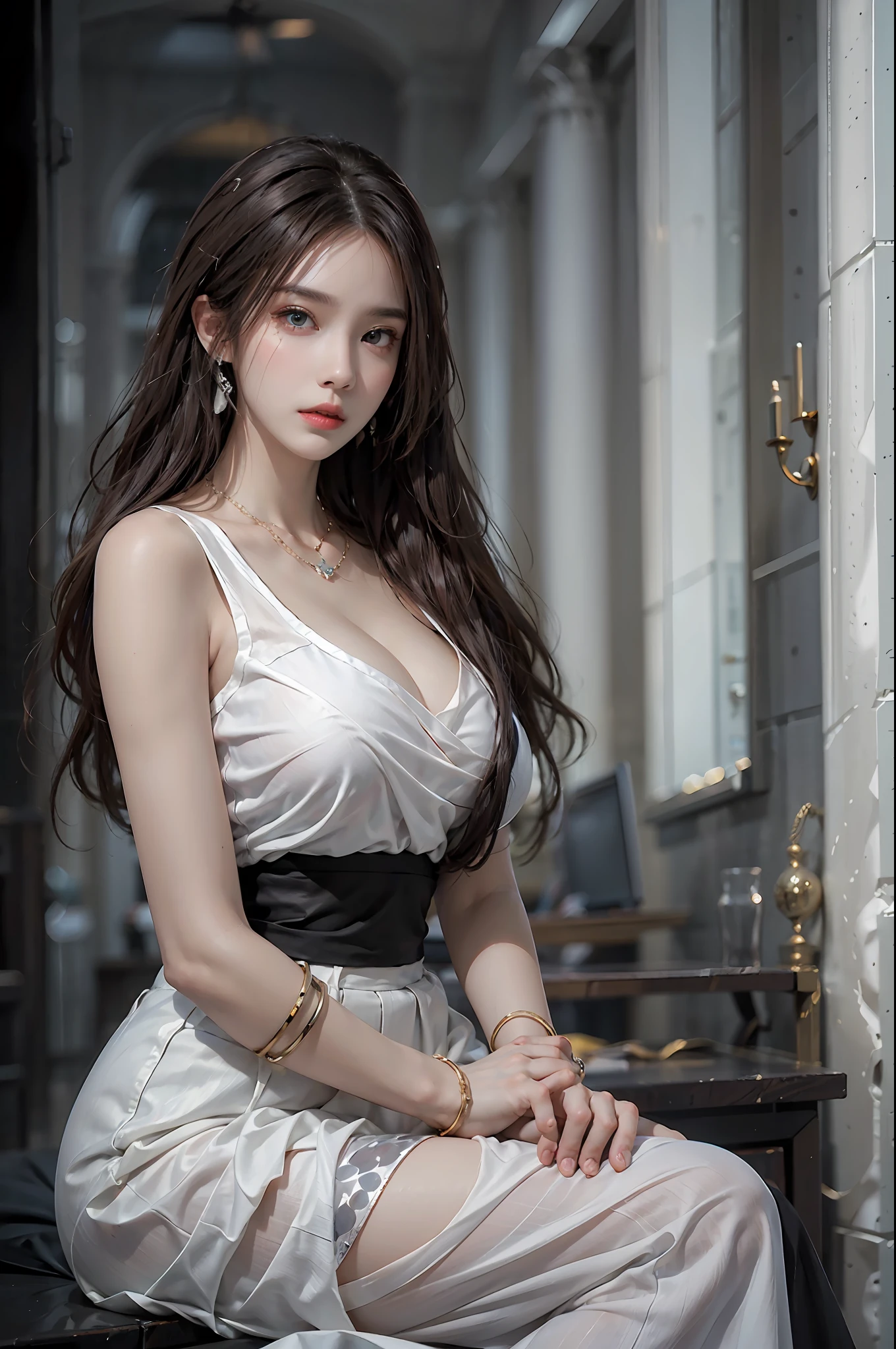 photorealistic, high resolution, 1 woman, solo, hips up, beautiful eyes, long hair, huge breast, bracelets,elegant necklace, elegant diamond earrings, white shirt, black skirt, black stockings