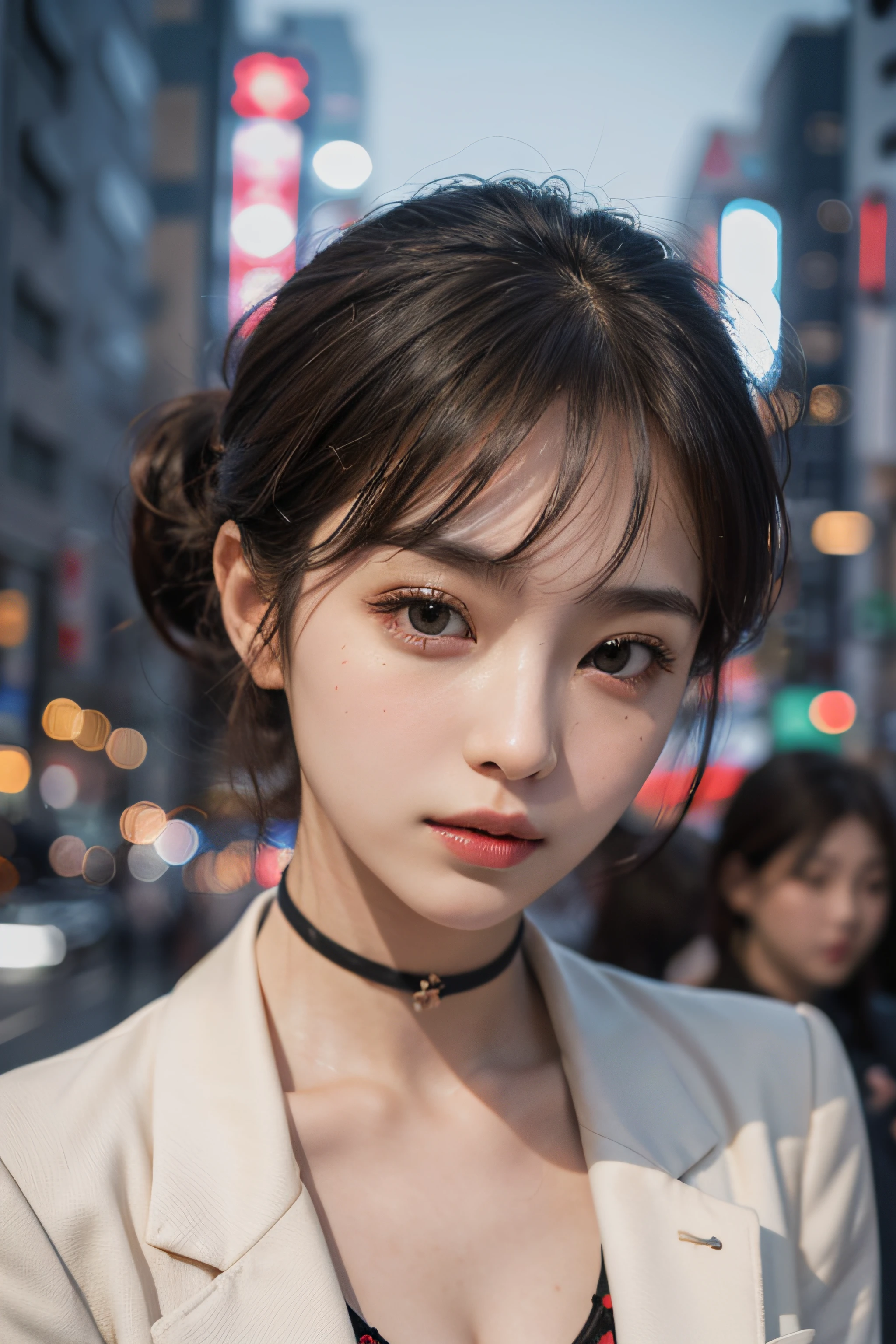 Best Quality Detail:1.2, realisitic, 8K UHD, hight resolution, 1girl in:1.2, The ultra-detailliert, High quality textures, intricate detailes, detaileds, Very detailed CG, High quality shadows, Detail Beautiful delicate face, Detail Beautiful delicate eyes, depth of fields, Ray traching, in her 20s, Pretty Kpop Girl, Korean Urzan Face:1.1, Slender face, ulzzang -6500-v1.1:0.6, pureerosface_v1, gloweyes, teak, Glossy lips, perfectbody, a choker、cleavage of the breast、 Brown hair、poneyTail:1.1, Street, Particle, look at viewr, Photorealsitic:1.4, ultra-detailliert, photos realistic, 4K 8K UHD Full Color RAW Photos, Fuji Film(Medium format:1.2), Hasselblad:1.2, Carl zeiss:1.1, Incredible dynamic range photography(UTIL_Art by Smoose-768:1.1), hight resolution, High pixel count, clear details, crisp image, Natural color reproduction, Noise Reduction, High fidelity, qulity, Software Improvements, Upscaling, Optimized algorithms, Pro-level retouching、((Shibuya, tokyo prefecture))、On the way to shopping、((Fashionable clothes with a very high design))、Classic tailored suit: Box-shaped tailored jacket and pantsuit、Power dressing