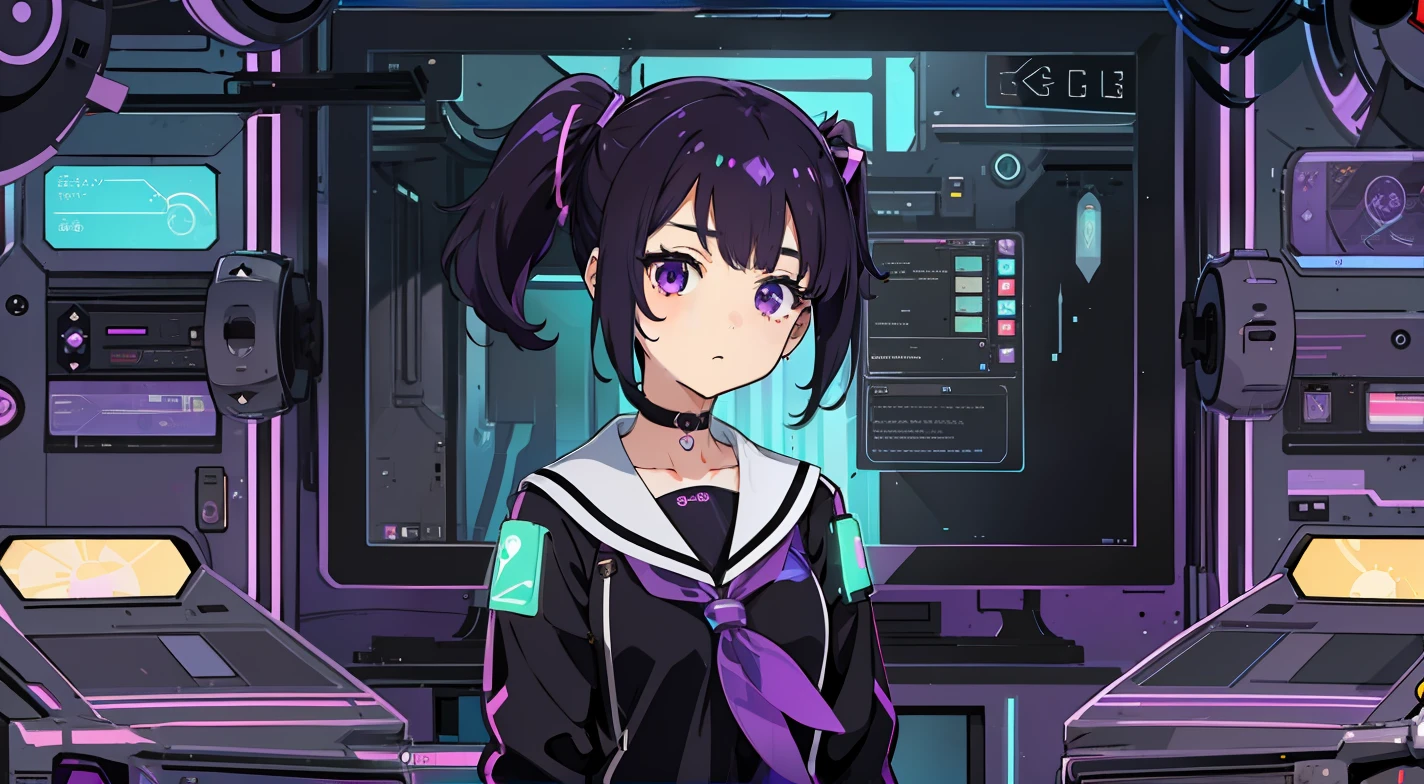 1girl, short stature, black hair, side ponytail, purple eyes, sailor suit, contrapposto, purple cyber punk, room with big monitor, purple fluorescent light