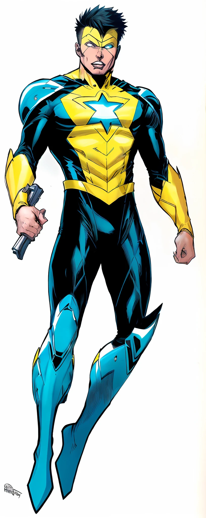 Concept art of a man in a yellow and blue costume, omniman vs invincible, phil jimenez, ethan van sciver, jason fabok. greg staples, comic book character, blue and yellow hero, jason fabok, yellow hero costume, invincible, full body close-up shot, russell dauterman, open white eyes, thin male, realistic body proportions, sleek and modern, weaponry, weapon, holding on object, red color