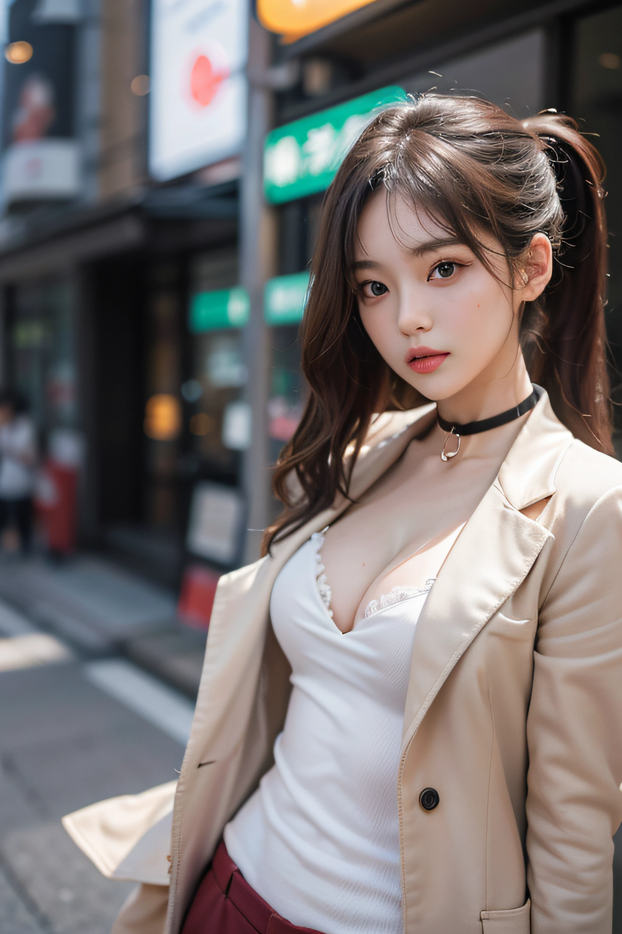 Best Quality Detail:1.2, realisitic, 8K UHD, hight resolution, 1girl in:1.2, The ultra-detailliert, High quality textures, intricate detailes, detaileds, Very detailed CG, High quality shadows, Detail Beautiful delicate face, Detail Beautiful delicate eyes, depth of fields, Ray traching, in her 20s, Pretty Kpop Girl, Korean Urzan Face:1.1, Slender face, ulzzang -6500-v1.1:0.6, pureerosface_v1, gloweyes, teak, Glossy lips, perfectbody, a choker、cleavage of the breast、 Brown hair、poneyTail:1.1, Street, Particle, look at viewr, Photorealsitic:1.4, ultra-detailliert, photos realistic, 4K 8K UHD Full Color RAW Photos, Fuji Film(Medium format:1.2), Hasselblad:1.2, Carl zeiss:1.1, Incredible dynamic range photography(UTIL_Art by Smoose-768:1.1), hight resolution, High pixel count, clear details, crisp image, Natural color reproduction, Noise Reduction, High fidelity, qulity, Software Improvements, Upscaling, Optimized algorithms, Pro-level retouching、((Shibuya, tokyo prefecture))、On the way to shopping、((Fashionable clothes with a very high design))、Classic tailored suit: Box-shaped tailored jacket and pantsuit、Power dressing