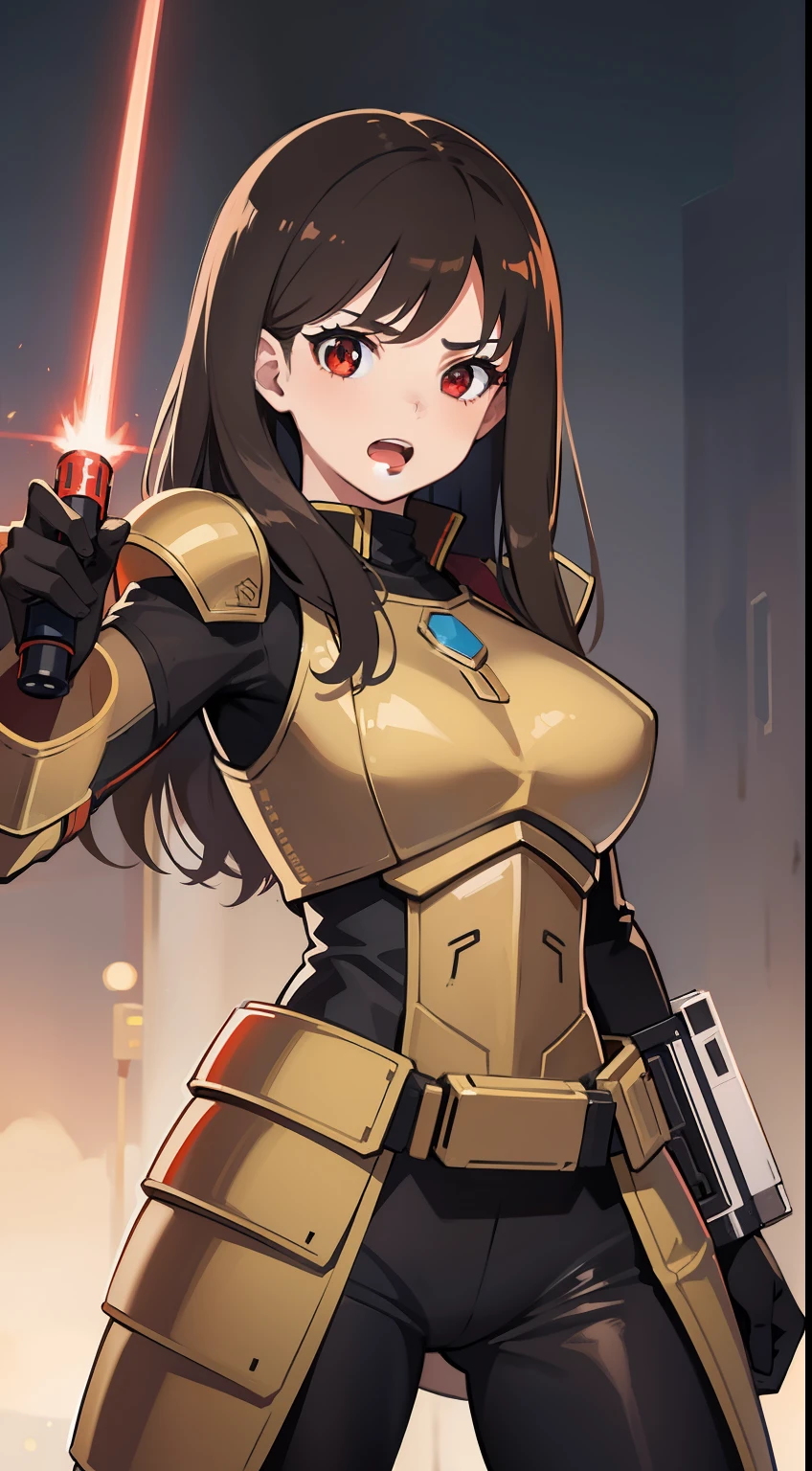 young girl, Long brown hair, red eyes, Mandalorian armor, Rage, Lightsaber, Masterpiece, hiquality