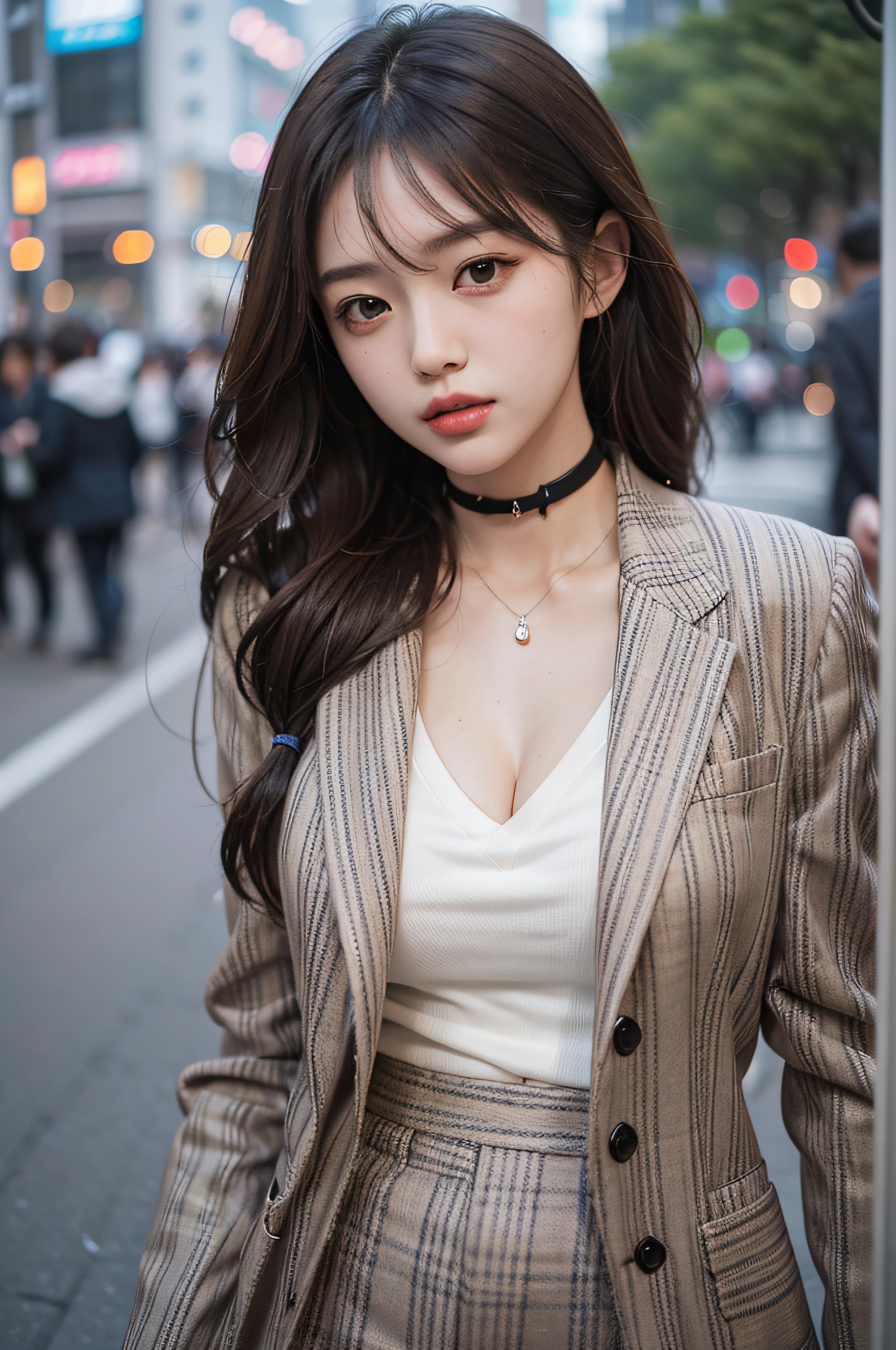 Best Quality Detail:1.2, realisitic, 8K UHD, hight resolution, 1girl in:1.2, The ultra-detailliert, High quality textures, intricate detailes, detaileds, Very detailed CG, High quality shadows, Detail Beautiful delicate face, Detail Beautiful delicate eyes, depth of fields, Ray traching, in her 20s, Pretty Kpop Girl, Korean Urzan Face:1.1, Slender face, ulzzang -6500-v1.1:0.6, pureerosface_v1, gloweyes, teak, Glossy lips, perfectbody, a choker、cleavage of the breast、 Brown hair、poneyTail:1.1, Street, Particle, look at viewr, Photorealsitic:1.4, ultra-detailliert, photos realistic, 4K 8K UHD Full Color RAW Photos, Fuji Film(Medium format:1.2), Hasselblad:1.2, Carl zeiss:1.1, Incredible dynamic range photography(UTIL_Art by Smoose-768:1.1), hight resolution, High pixel count, clear details, crisp image, Natural color reproduction, Noise Reduction, High fidelity, qulity, Software Improvements, Upscaling, Optimized algorithms, Pro-level retouching、((Shibuya, tokyo prefecture))、On the way to shopping、((Fashionable clothes with a very high design))、((Classic tailored suit: Box-shaped tailored jacket and pantsuit、Power dressing))