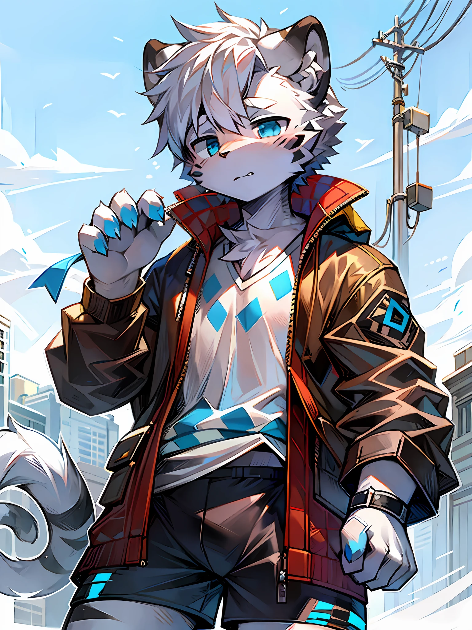 White Tiger Boy,ears white,Pure white fluff all over the body,Black stripes,White body,Blue sport shorts,White sports short sleeves,No coat