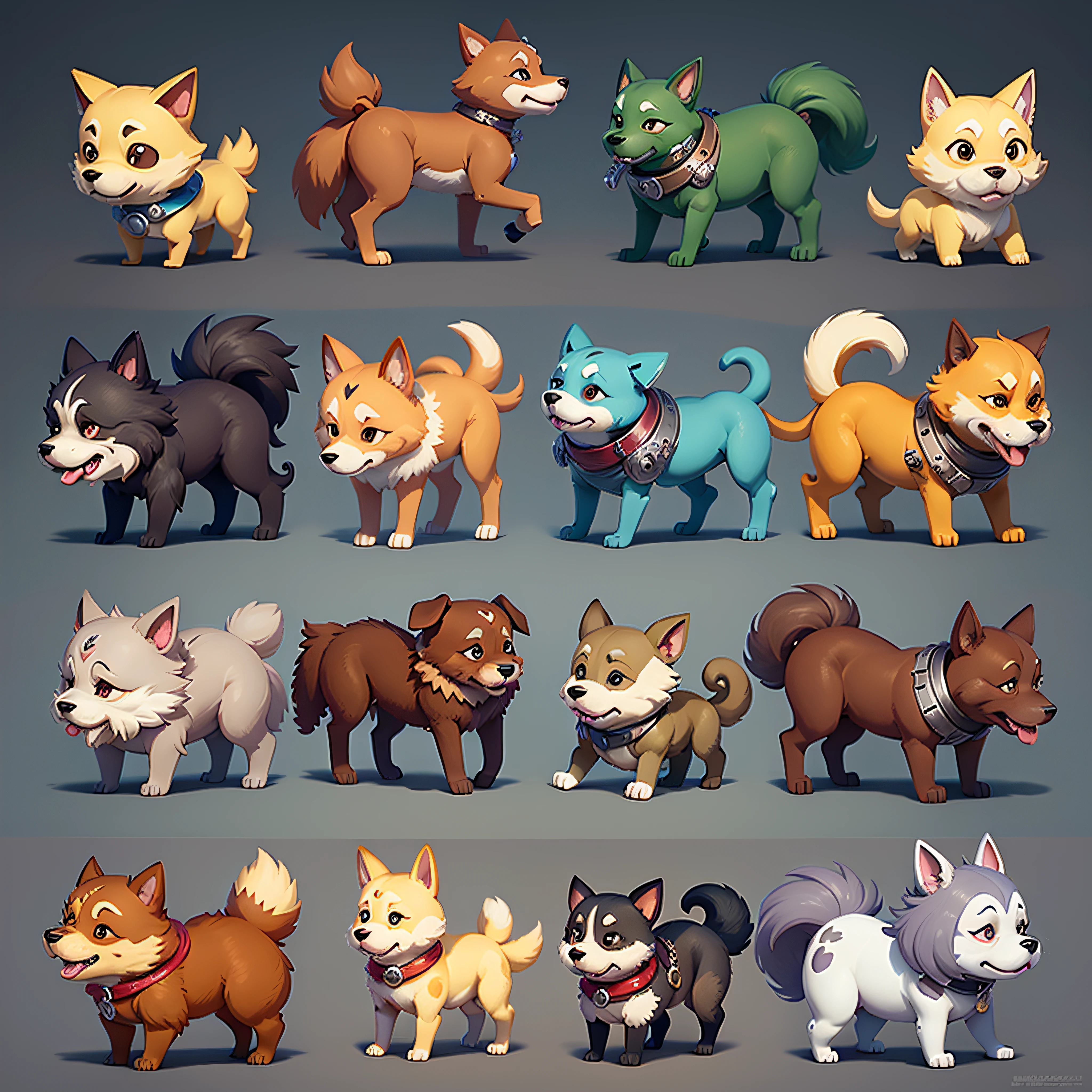 Close-up of a bunch of dog characters with different expressions,doggy,Game character design,PSD sprite table,game concept art sprite sheet,Lovely detailed digital art,isometric game asset,game assets,A set of high-quality HD sprites,2D game assets,High-quality character design,Robot dog,Cartoon concept art
