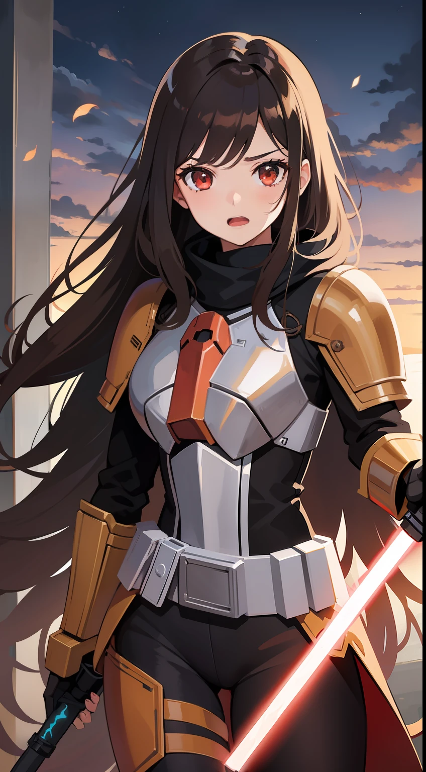 young girl, Long brown hair, red eyes, Mandalorian armor, Rage, Lightsaber, Masterpiece, hiquality