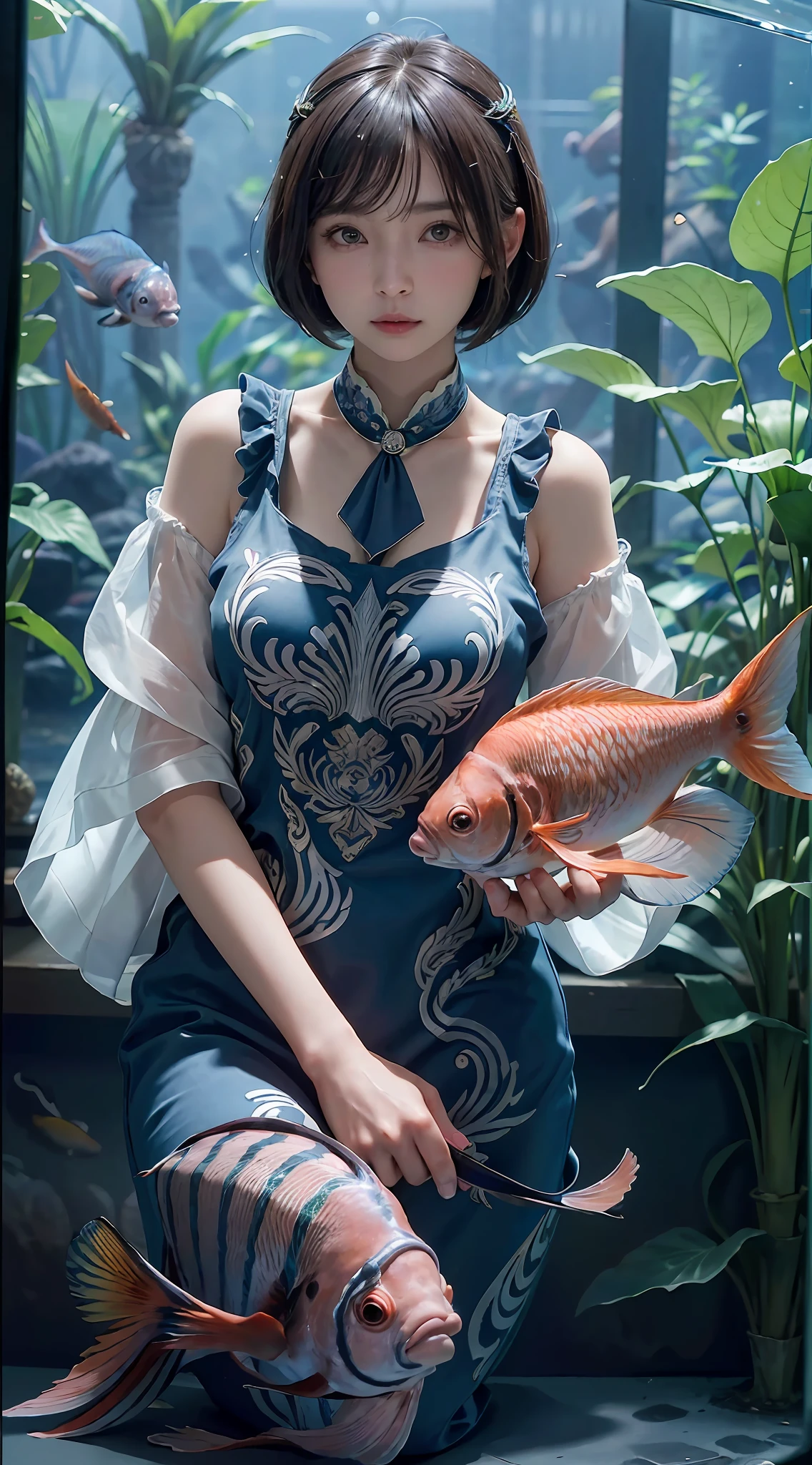 (((30-year-old woman with)))、((aquariums))、​masterpiece, 1 beautiful girls, (((very_Short_hair))), Eye details, Swollen eyes, Top image quality, 超A high resolution, (Realistis: 1.4), OriginalPhotographs, 1girl in, Cinematographic lighting, japanes, very beautif, Beautiful skins, (A hyper-realistic), (hight resolution), (8 K), (ighly detailed), (The best illustrations), (beautifully detailed eyes), (ultra-detailliert), A detailed face, look at a camera, Facing straight ahead, Neat Clothing, shorth hair、A dark-haired、46-point diagonal bangs、((aquariums))、Lots of fish、(((tropical fish)))