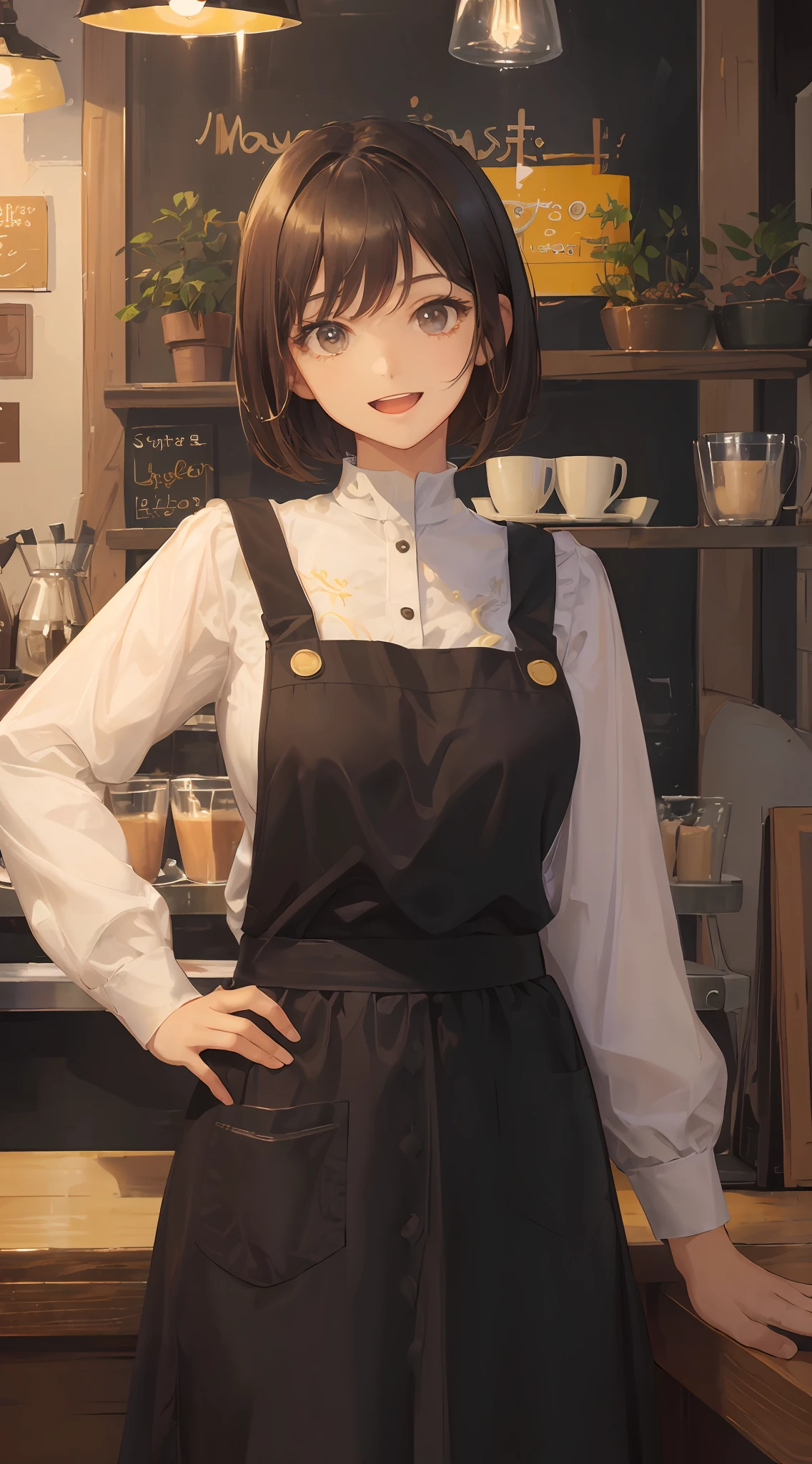 (Solo, 1girl), (masterpiece, highest quality, Super Detail:1.6), 8K, Best Quality, Indoors, very short hair, short bob hair, (brown hair), tuck one side hair behind ear, yellow eyes, Looking at Viewer, Smile, cheerful woman, Anime, wearing white long sleeve blouse, long skirts, high neck blouse, (front view, frontal face, from front, light from front), indoor, 30 years old, barista, coffee shop, wearing long black apron, open mouth, :d, super fine illustration, soft lighting, extremely beautiful girl, (extremely detailed eyes)