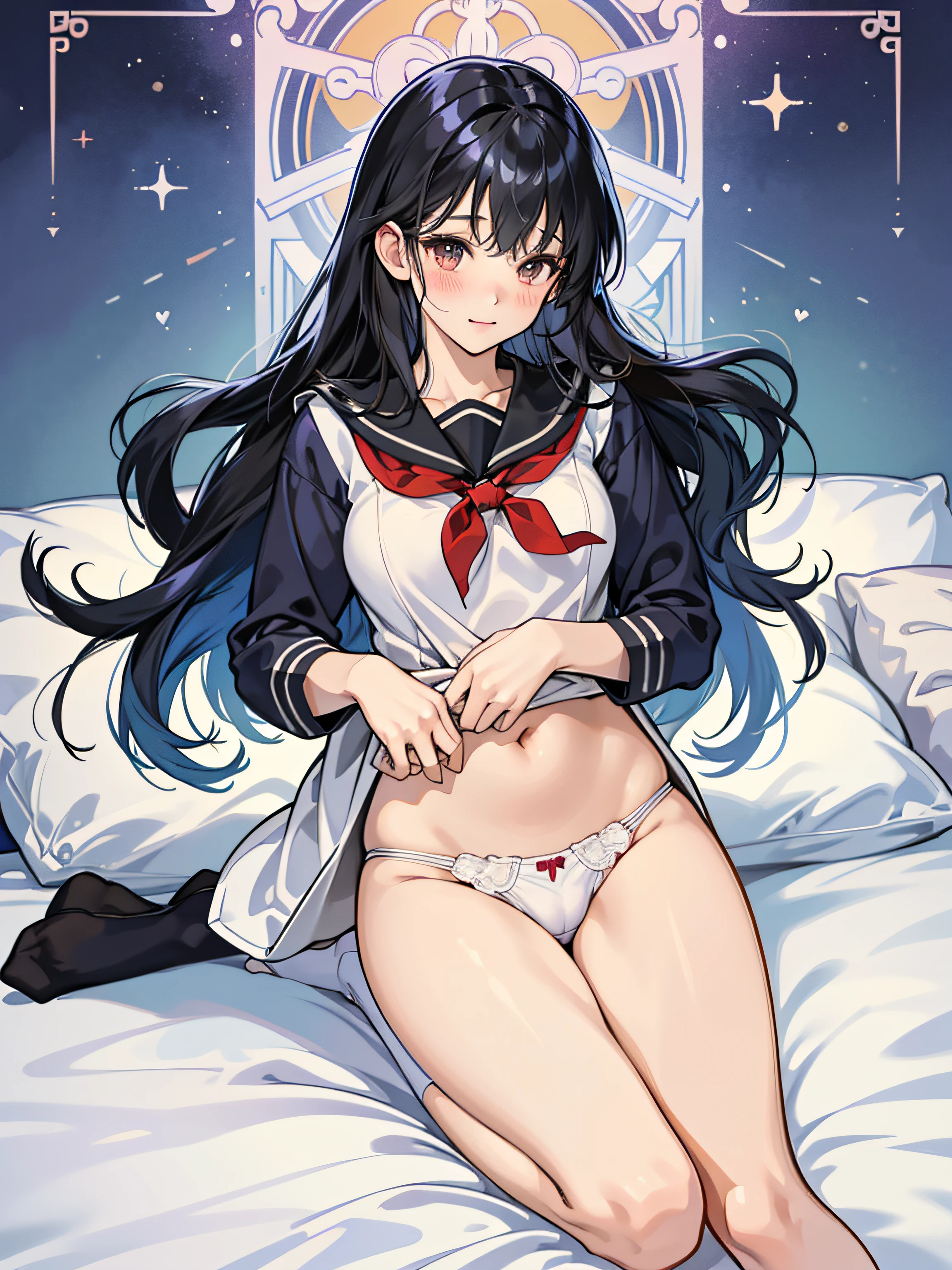 cute little、 lightsmile,Beautie, Anime style, ghibli-like colors, Black sailor suit、、I'm inviting、on the bed、A dark-haired、White underwear、Take off your underwear halfway、You are showing me your pubic area、Straight hair、Glamour、is open、Colossal tits、de pele branca、Black socks、Eagerness to show、I'm excited、wide-open legs、Very embarrassing、red blush。 Best Quality , Textured skin、 Super Detail, high details, High quality、、masturbation、Crotch facing me,thick leg、Big butt、