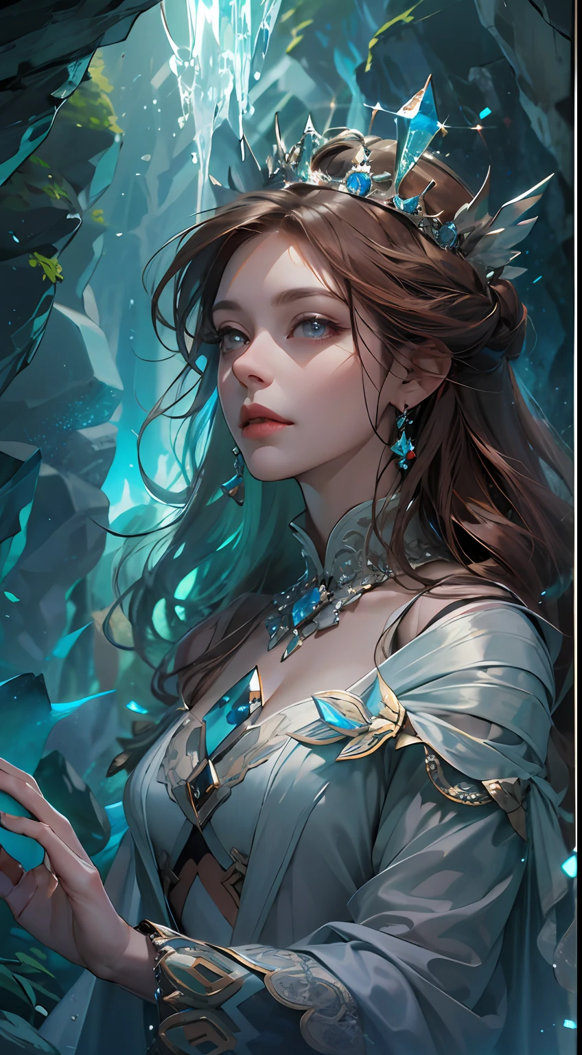 (absurdres, highres, ultra detailed), 1woman, mature female, aged up, wavy long hair, auburn hair, coral eyes, bangs, long sleeves, finely detailed eyes and detailed face, extremely detailed CG unity 8k wallpaper, intricate details, (style-swirlmagic:1.0),  looking at viewer, solo, upper body, detailed background, close up,  detailed face, (gothic dark ages theme:1.1), crystal sorcerer,  dynamic pose, earth themed clothes, crystal crown,  floating in the air, glowing magical shards, surrounded by blue magical crystals,  rock formations, stalactites,  magical floating particles, crystal glass,  crystal sphere, crystal canyon background, (shallow water:0.7),  epic ethereal atmosphere,   updraft,, portrait