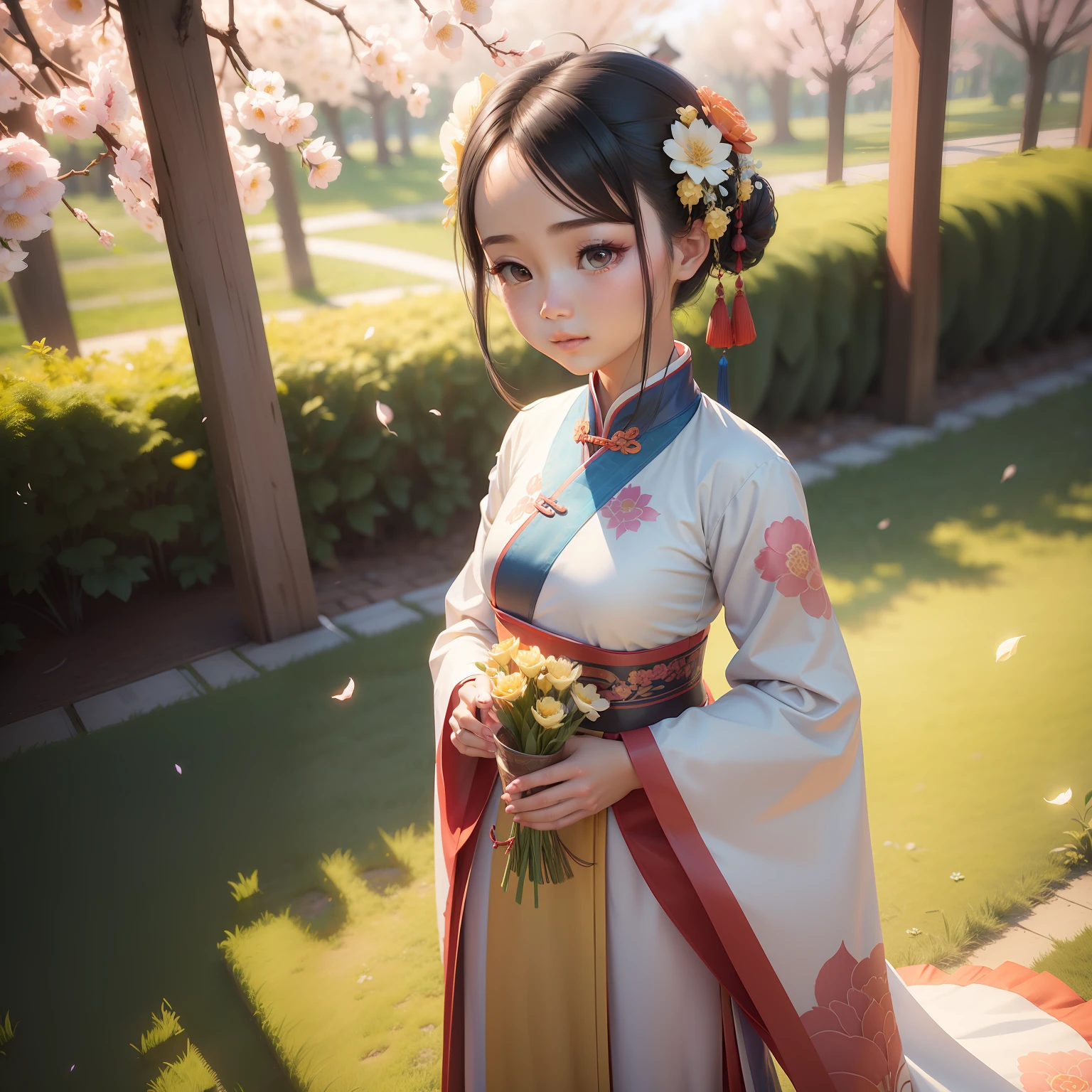 a Super cute girl,Wearing traditional
Chinese Hanfu,clean bright spring background,flowers,dreamy,high detail,Bright color,Pixar
style,C4D,3D render,8k,front lighting,ultra detoiled