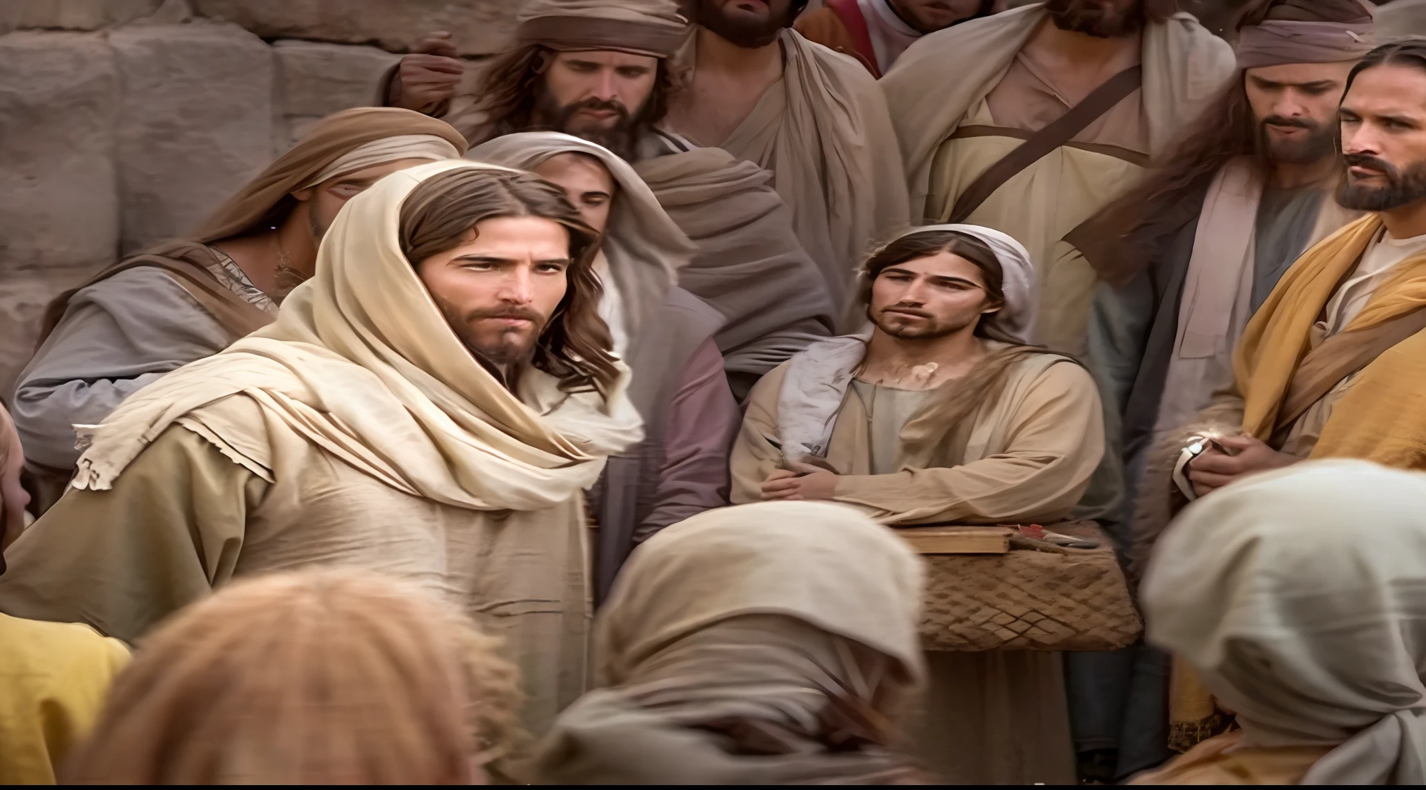 portrait of the modern Jesus with his disciples, cinematic lighthing, profundidade de campo, Bokeh, Realismo, fotorrealista, hiper-Realismo, fotografia profissional, UHD, DSLR, HDR