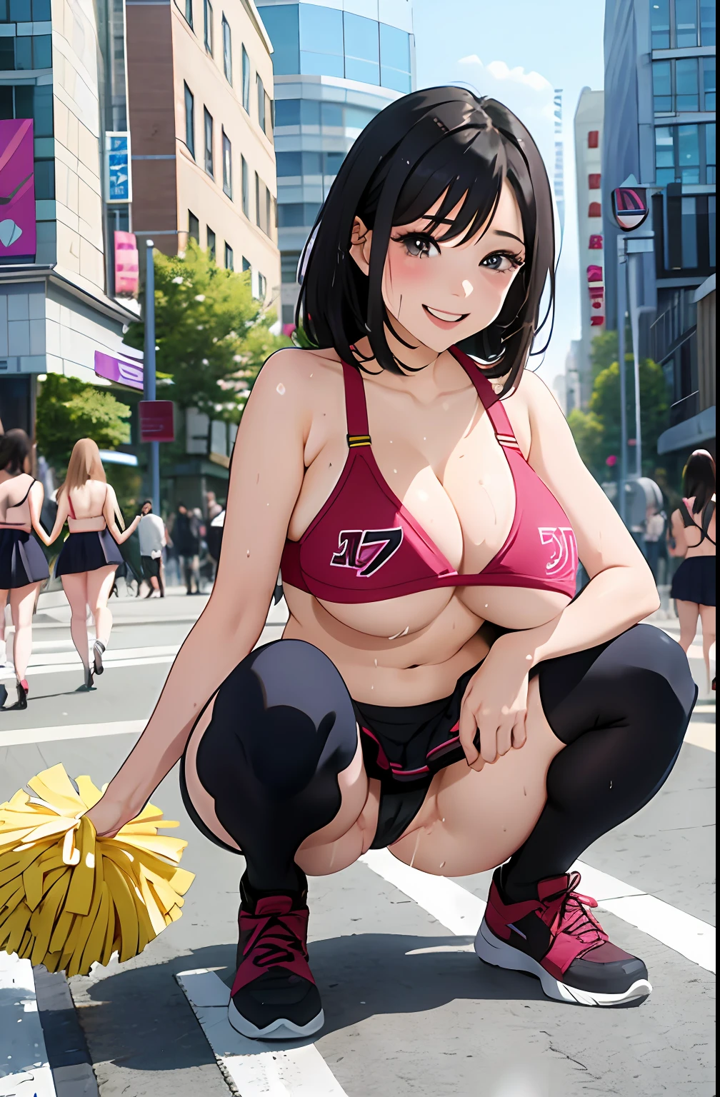 Cheerleader, Squat on the street, Half squat, no panty, no bra, smiling, micro skirt, wet, pee, Lower body exposed, Big breast, mature body, big areola.