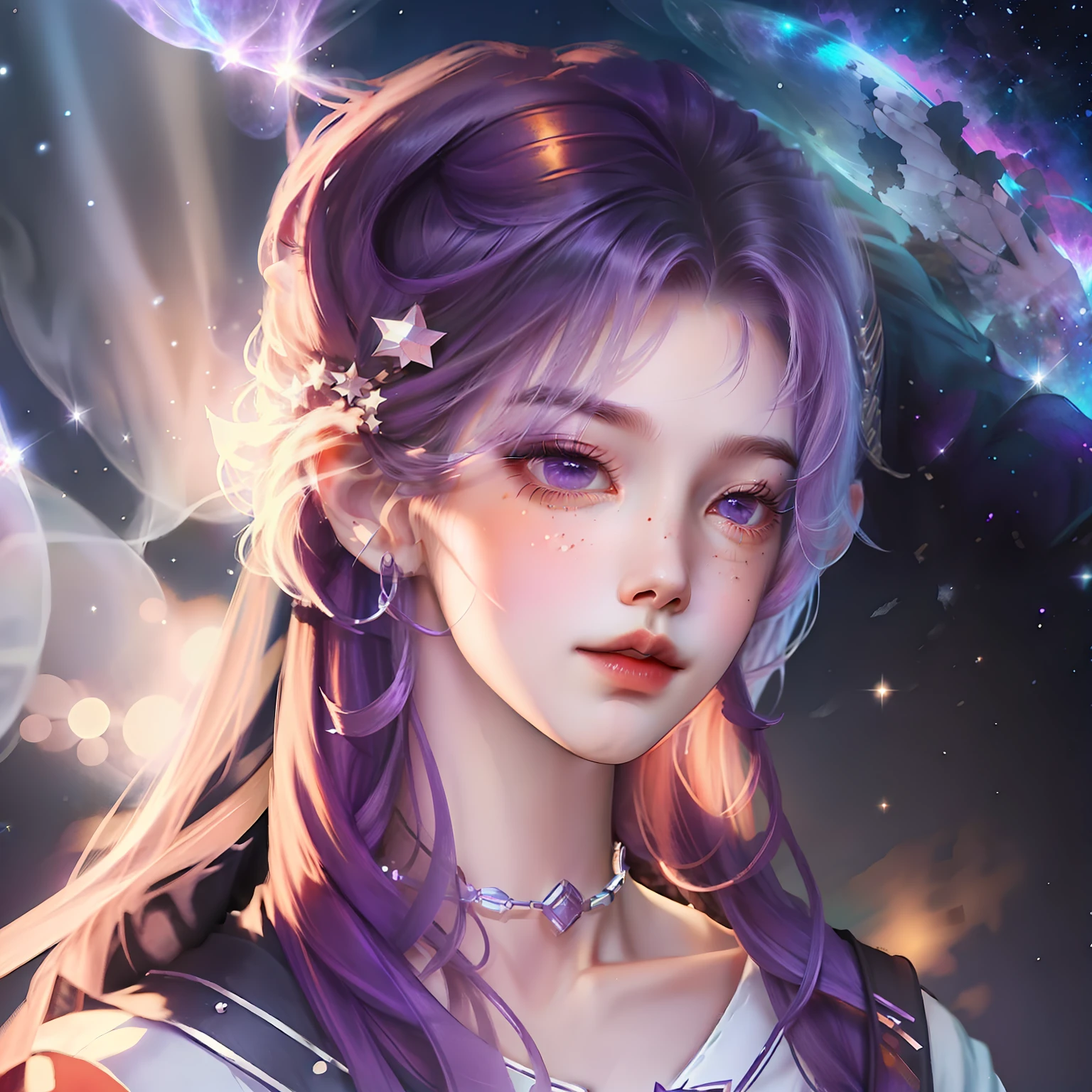 Boy with purple hair。Starry sky nebula in the background,The stars shine