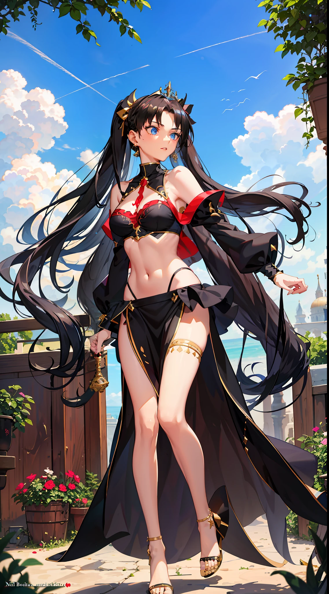 long hair, black hair, medium breast, slim legs, happy, bluish gown, cleavage, arabian belly dancer , short skirt, rin tohsaka, twin tail, navel, garden, blue eyes, tiara, standing, thigh high socks, sunlight, shoulderless