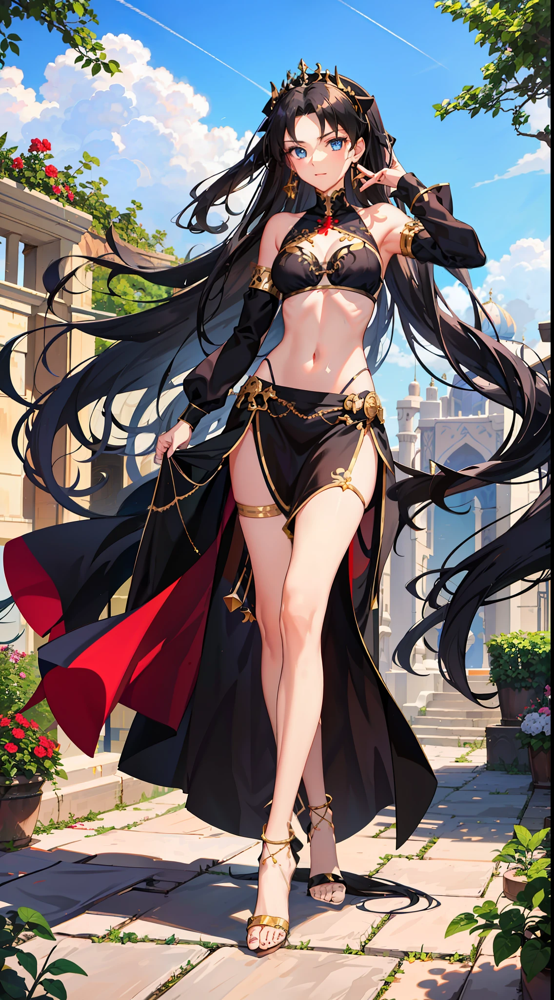 long hair, black hair, medium breast, slim legs, happy, bluish gown, cleavage, arabian belly dancer , short skirt, rin tohsaka, twin tail, navel, garden, blue eyes, tiara, standing, thigh high socks, sunlight, shoulderless