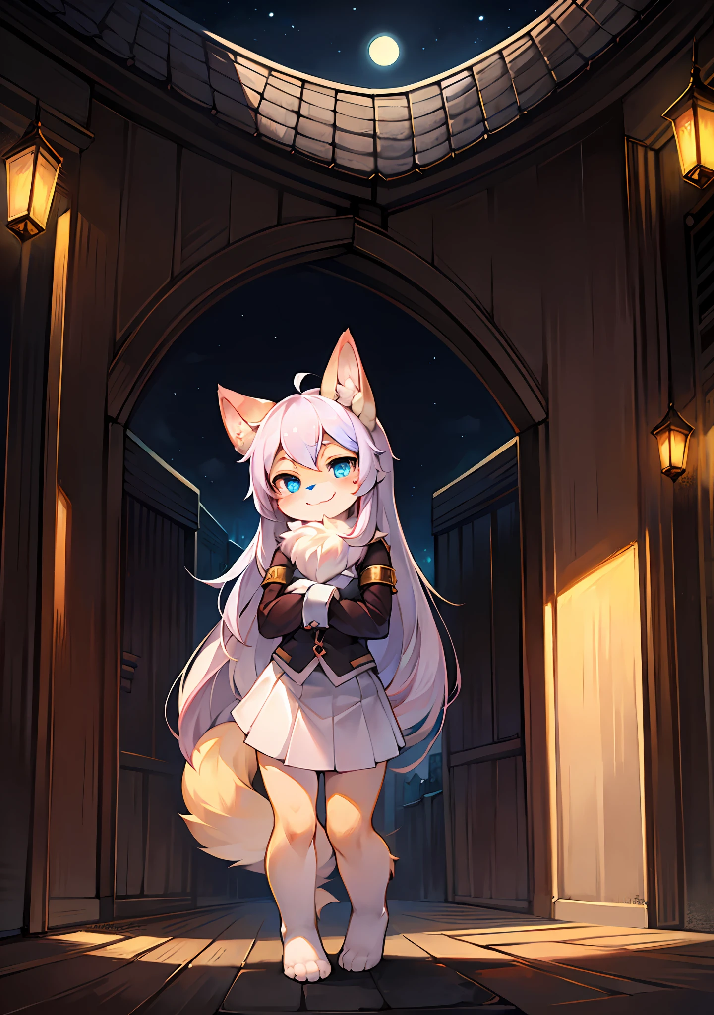 Bright eyes，in a panoramic view，Focus is prominent，Enhanced background details（0.7），Furry female character，The heroine stands out，Fluffy tail，eBlue eyes，Emphasis on yellowish skin，Emphasis on childhood，Emphasis on small cuteness，Emphasis on childhood，Emphasis on short stature，Place your hands behind your back，wearing a white skirt，Cute petite emphasis，A smile on his face（1.2），Strengthen long-haired animals（1.2）、the night、borgar（1.1）。