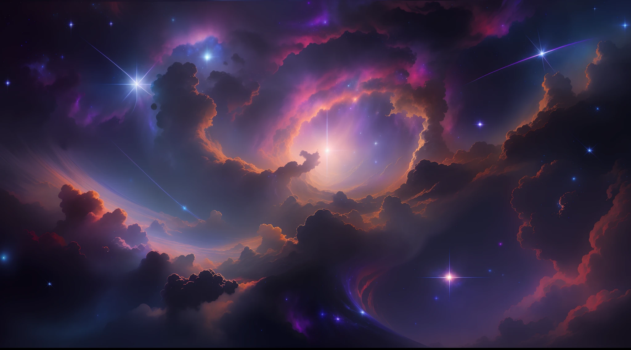 Create an image of a relaxed, dark universe. Scenes of serene celestial beauty in the vastness of space, where distant stars twinkle like guiding lights. Breathtaking nebulae and colorful galaxies evoke wonder and awe. Use soft, soothing tones and blend them with the indigo, deep purple, and warm hues of the sky to create an atmosphere of peace and serenity.