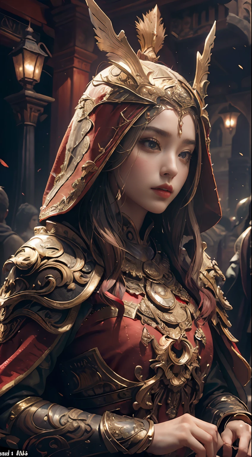 ((Masterpiece))), ((Best Quality))), ((Ultra Detailed)), (Surreal), (Highly Detailed CG Illustration), Cinematic Light, Realistic, Very Beautiful Young Lady,Sexy, Light Makeup,, Intricate Details EABA, Red Cloak, Spear