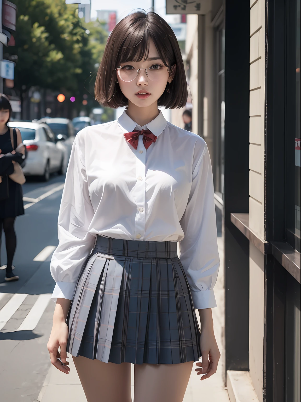 （8K、Raw photography、top-quality、​masterpiece：1.2),absurderes,a small face,small tits,flat breast,Parting the bangs from the middle、Forehead visible,(Tight eyes,Bullish,skinny,Rasping,irate)、​masterpiece,top-quality、超A high resolution,Raw photo,ren,Beautiful fece,One Person, 独奏,eye glass,,Dark look,Small breasts,fullllbody,Round glasses、cute little、A Japanese Lady,is standing,(Tight eyes,Bullish,skinny,Rasping,irate,small tits,flat breast)、（Photorealsitic：1.37）、Photon mapping,Light blue ribbon,Realistic、Cute little face,Brown-eyed、Black socks、(Red bow tie)、Radio City、Physically Based Rendering、Foreground、depth of fields、Blurry background、a picture,The girls、Body, Long legs, Thin leg,bob cuts,(Bangs are visible), hair, s lips, Blue_The eye, nosesoft,White shirt, Navy blue and white plaid pleated skirt, Knees are visible,Sheer clothing,, Thigh, Black cotton socks,Nogizaka Idol, 女優, Japanese ido