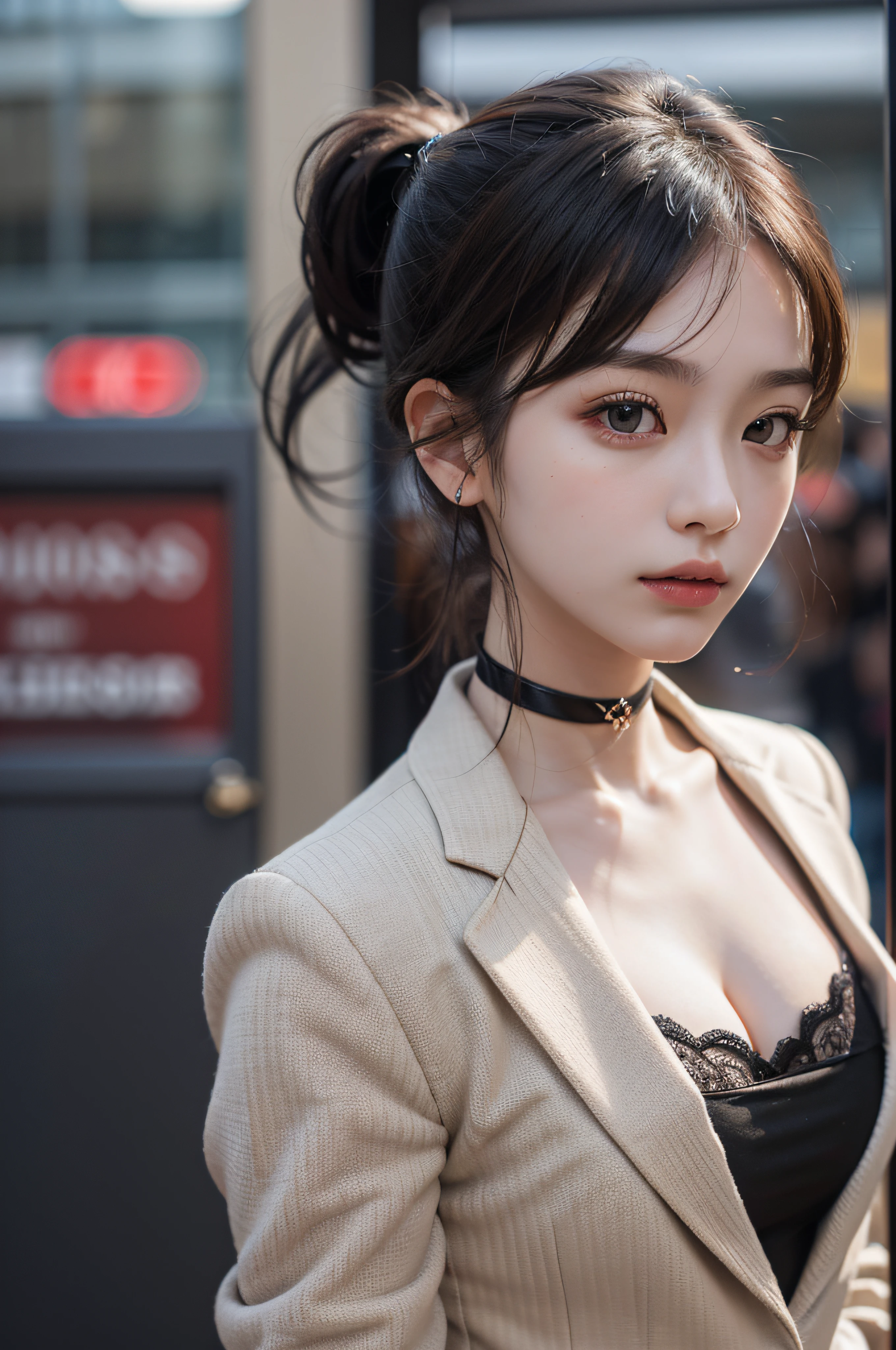 Best Quality Detail:1.2, realisitic, 8K UHD, hight resolution, 1girl in:1.2, The ultra-detailliert, High quality textures, intricate detailes, detaileds, Very detailed CG, High quality shadows, Detail Beautiful delicate face, Detail Beautiful delicate eyes, depth of fields, Ray traching, in her 20s, Pretty Kpop Girl, Korean Urzan Face:1.1, Slender face, ulzzang -6500-v1.1:0.6, pureerosface_v1, gloweyes, teak, Glossy lips, perfectbody, a choker、cleavage of the breast、 Brown hair、poneyTail:1.1, Street, Particle, look at viewr, Photorealsitic:1.4, ultra-detailliert, photos realistic, 4K 8K UHD Full Color RAW Photos, Fuji Film(Medium format:1.2), Hasselblad:1.2, Carl zeiss:1.1, Incredible dynamic range photography(UTIL_Art by Smoose-768:1.1), hight resolution, High pixel count, clear details, crisp image, Natural color reproduction, Noise Reduction, High fidelity, qulity, Software Improvements, Upscaling, Optimized algorithms, Pro-level retouching、((Shibuya, tokyo prefecture))、On the way to shopping、((Fashionable clothes with a very high design))、((Classic tailored suit: Box-shaped tailored jacket and pantsuit、Power dressing))