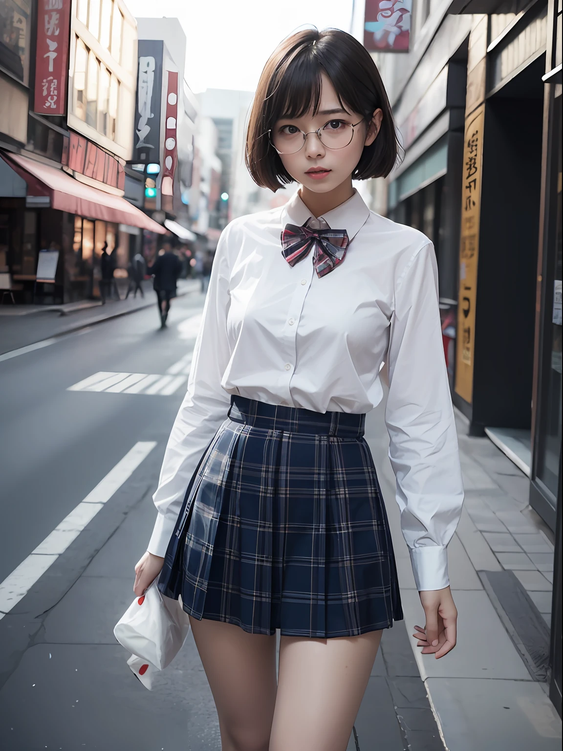 （8K、Raw photography、top-quality、​masterpiece：1.2),absurderes,a small face,small tits,flat breast,Parting the bangs from the middle、Forehead visible,(Tight eyes,Bullish,skinny,Rasping,irate)、​masterpiece,top-quality、超A high resolution,Raw photo,ren,Beautiful fece,One Person, 独奏,eye glass,,Dark look,Small breasts,fullllbody,Round glasses、cute little、A Japanese Lady,is standing,(Tight eyes,Bullish,skinny,Rasping,irate,small tits,flat breast)、（Photorealsitic：1.37）、Photon mapping,Light blue ribbon,Realistic、Cute little face,Brown-eyed、Black socks、(Red bow tie)、Radio City、Physically Based Rendering、Foreground、depth of fields、Blurry background、a picture,The girls、Body, Long legs, Thin leg,bob cuts,(Bangs are visible), hair, s lips, Blue_The eye, nosesoft,White shirt, Navy blue and white plaid pleated skirt, Knees are visible,Sheer clothing,, Thigh, Black cotton socks,Nogizaka Idol, 女優, Japanese ido