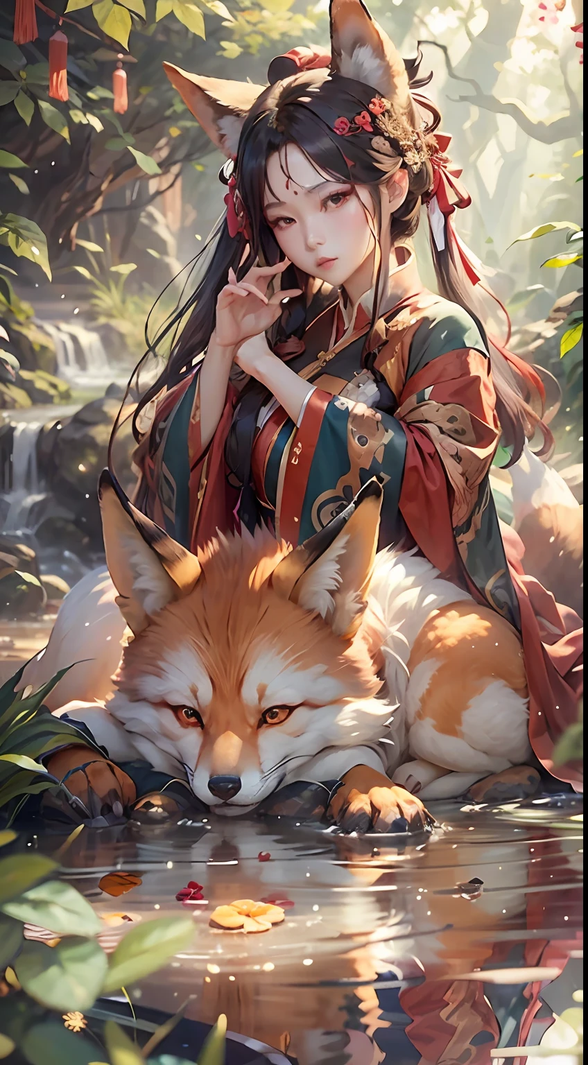jungles，By the stream，cabelos preto e longos，Charming woman with fox ears，fox tails，Hanfu，Wide red robe，gorgeous hair accessory，China-style，Eyes are confused，Zhu's lips opened slightly，Gritted lips，The face is delicate and beautiful，（Lie on your side on the edge of the stream：1.4），clean backdrop，Macro lens，Enhanced depth of field，Works of masters，best qualtiy，8K分辨率，super-fine，Accurate