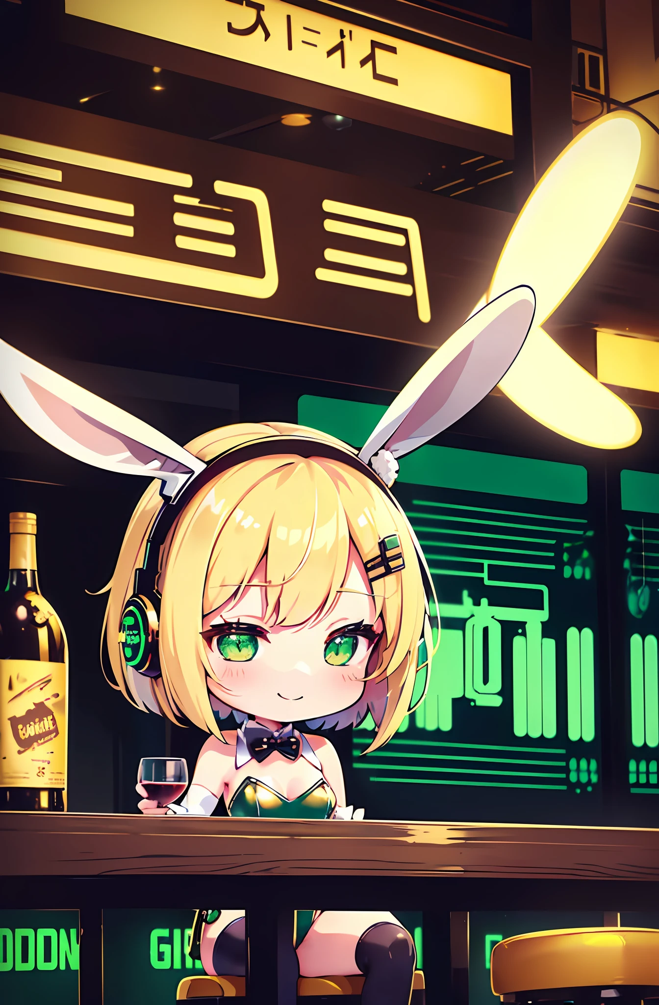 (Chibi:1.3), group_photo, (half closed eyes, green eyes), (detailed eyes), full body, indoors, on the table, Happy smile, (mechanical bunny girl: 1.1), (golden leotard), rabbit ears, rabbit tail, headphone, (blonde hair, bob cut), (cyberpunk), (bar), counter, wine, whiskey, bourbon, neon signboard, (Nendoroid),