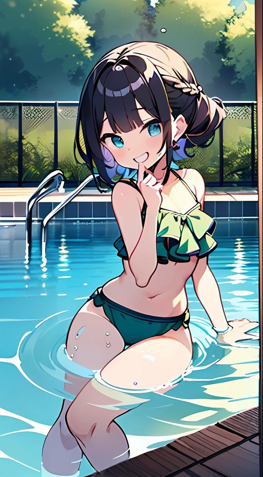 (Incredibly ridiculous absolute resolution:1.5)、hiquality、top-quality、masuter piece、Anime girl in green and blue bikini, 魅惑的、Anime , 8k Manga Wallpapers, heart mark、Smile、Shy laughter、((small curvy loliretty anime girl,((swimming pools))、(Medium Shorthair)、(short braided hair)