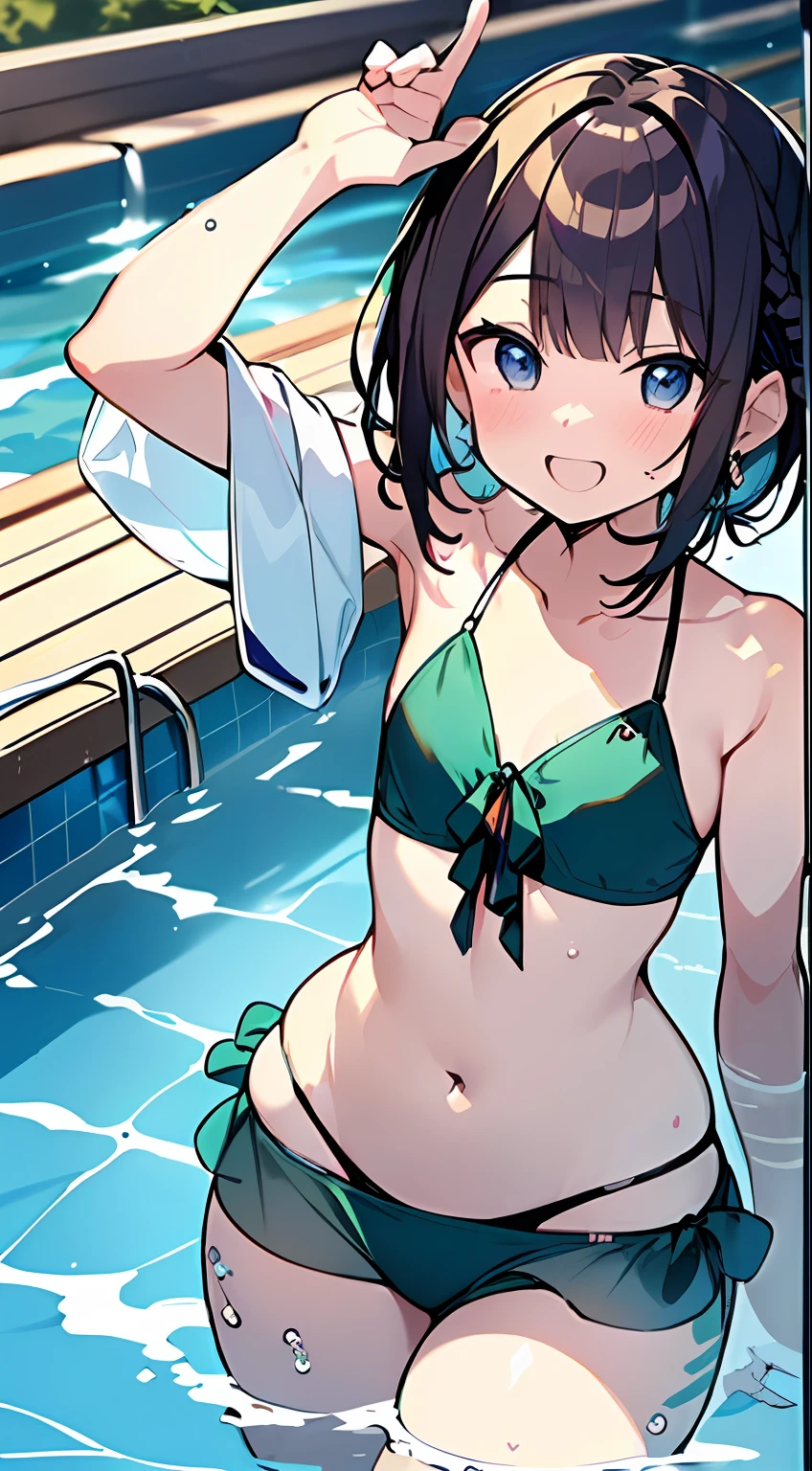(Incredibly ridiculous absolute resolution:1.5)、hiquality、top-quality、masuter piece、Anime girl in green and blue bikini, 魅惑的、Anime , 8k Manga Wallpapers, heart mark、Smile、Shy laughter、((small curvy loliretty anime girl,((swimming pools))、(Medium Shorthair)、(short braided hair)