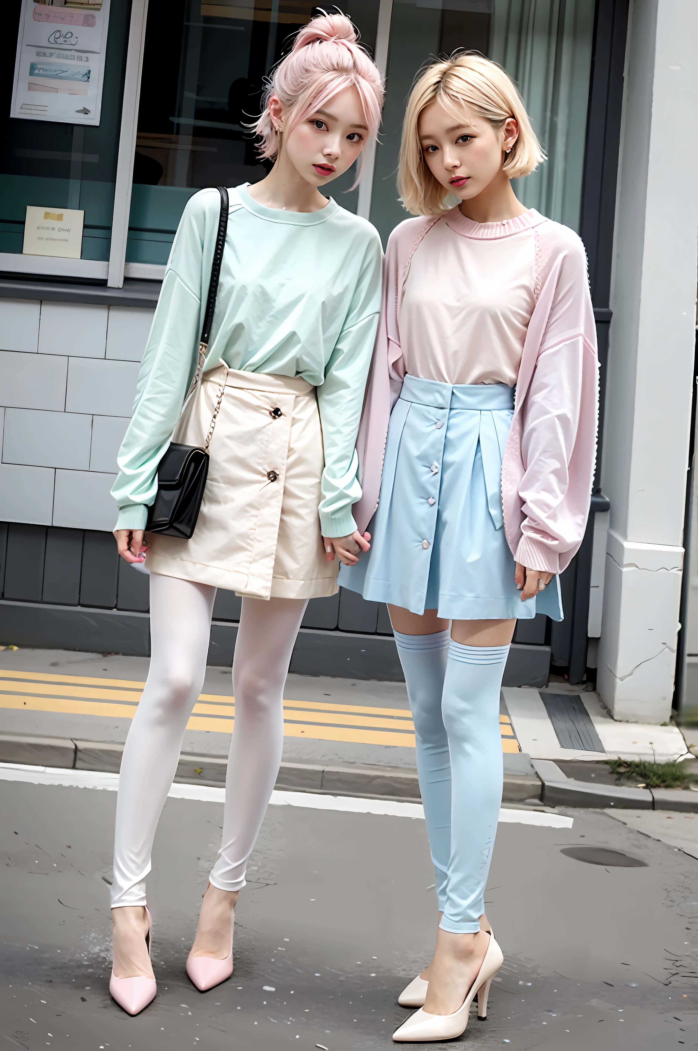 In pastel colors, Only pastel colors, in pastel shades, lots of pastel colour, feminine in pastel shades, Pastel colors, feminine in cute pastel shades, Pastel tones, intricate outfits, Very nice pastel colors, in pastel shades, Pastel style, pastelcolor, Pastel color, Tights; On the street, in pastel shades,high-heels