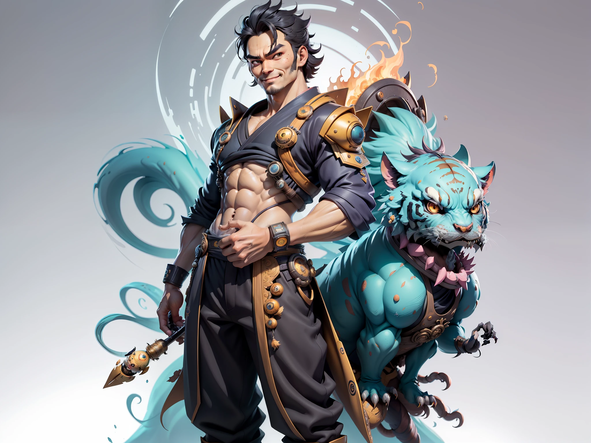 (Masterpiece), (Excellent), (Super Meticulous), (Full Body: 1.2), Super Young Man with Japanese Female Geisha, Beauty, Chinese Dragon, Tiger, Wind God Thor, Sexy, Bursting, Oriental Face, TV Anchor, Bust Portrait Illustration, Black Suit, Blue Tie, Slightly Chubby, Very Clean Face, No Beard, Black Super Short Hair, Black Eyes, Confident Smile, 3c Computer Sub-Products, iPad, iPhone, Digital Painting, 3D Character Design by Mark Claireden and Pixar and Hayao Miyazaki and Akira Toriyama, The illustration is a high-definition illustration in 4K resolution with very detailed facial features and cartoon-style visuals.