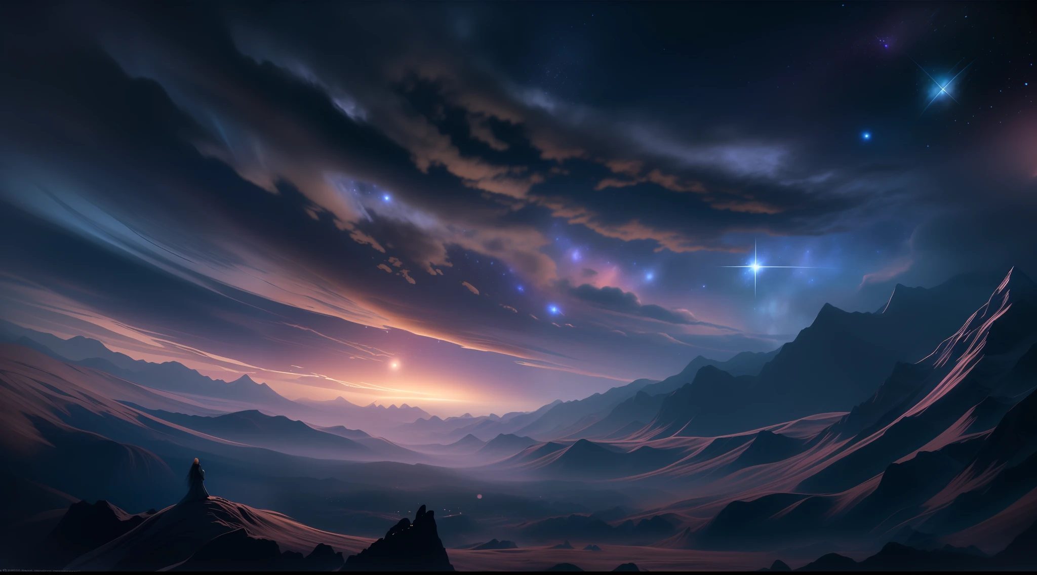Create an unforgettable beautiful image of the Dark Cosmos that will enchant you with its mysterious charm. Imagine the vastness of the universe, Where distant stars shine like distant beacons in the eternal night. Depicting the enigmatic darkness of interstellar space, Etheric nebulae and distant galaxies increase the atmosphere of the universe. Take advantage of a muted color palette, Deep Blue Highlights, Viola, Eta、The hues of heaven evoke a deep sense of loneliness and wonder deep in the universe. AI-powered creativity、Take viewers to the enchanting Dark Cosmos, Where unknown beauty shines in the shadows