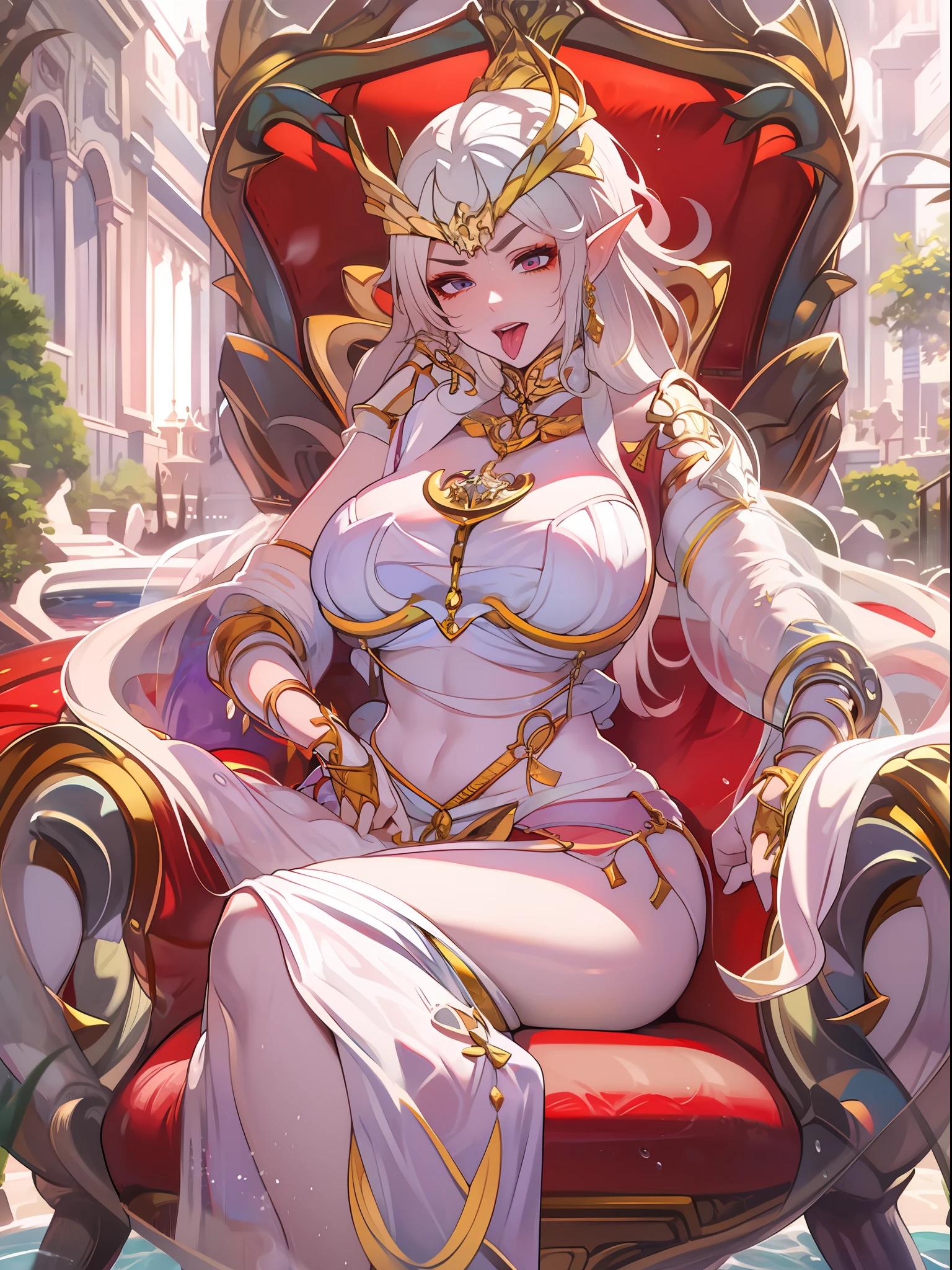 A woman in a red dress and gold jewelry sits on a red sofa, a beautiful fantasy empress, ((a beautiful fantasy empress)), beautiful and seductive anime woman, royal elegant pose, beautiful and elegant elf queen, 8K high quality detailed art, IG model | Art germ, Anime goddess, Art germ.exhibitionism,gigantic cleavage breasts,Breast details are depicted to the extreme,tmasterpiece, Awesome, peeping at the viewer, Realistis, Full body in the lens, Knees, squatt, Morena, long whitr hair, Thorough, highr, Force real water, White less cloth transparent mini shirt, White transparent thong, swimmingpool, RAWE is very detailed, ahegao, roll eyes, Be red in the face, Water runs in the mouth, Sticky tongue, Vaginal exposure, Leucorrhoea, very Bigger breasts, spread their legs, sexually arousing, sexual expressio, Glossy glossy skin。