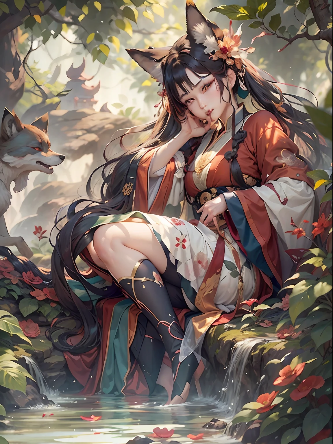 jungles，By the stream，cabelos preto e longos，Charming woman with fox ears，fox tails，Hanfu，Wide red robe，gorgeous hair accessory，China-style，Eyes are confused，Zhu's lips opened slightly，Teeth biting lips，The face is delicate and beautiful，（Lie on your side on the edge of the stream：1.4），clean backdrop，Macro lens，Enhanced depth of field，Works of masters，best qualtiy，8K分辨率，super-fine，Accurate