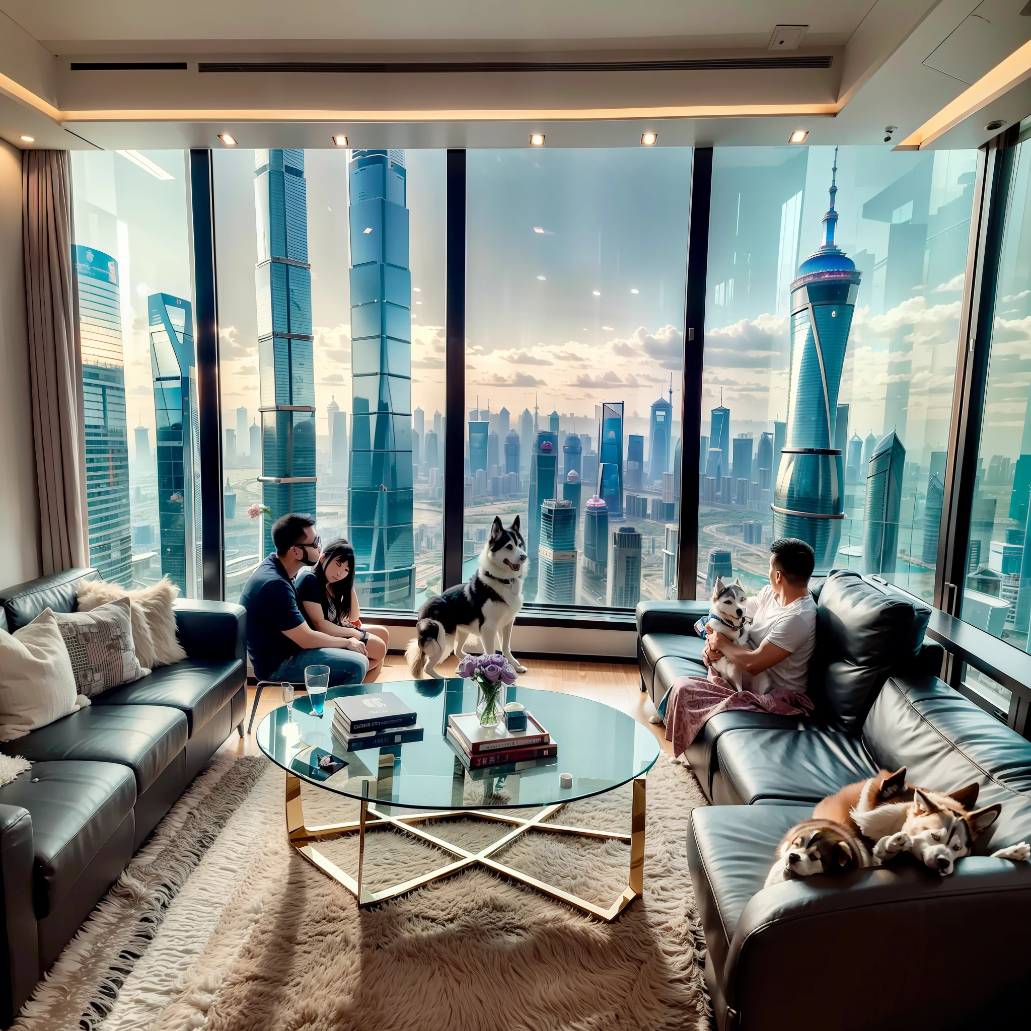 Apartment on the 108th floor of Shanghai Tower，Family of five sitting in the living room watching TV，There is a husky dog next to it，Canon shooting，See the Bund with a telescope