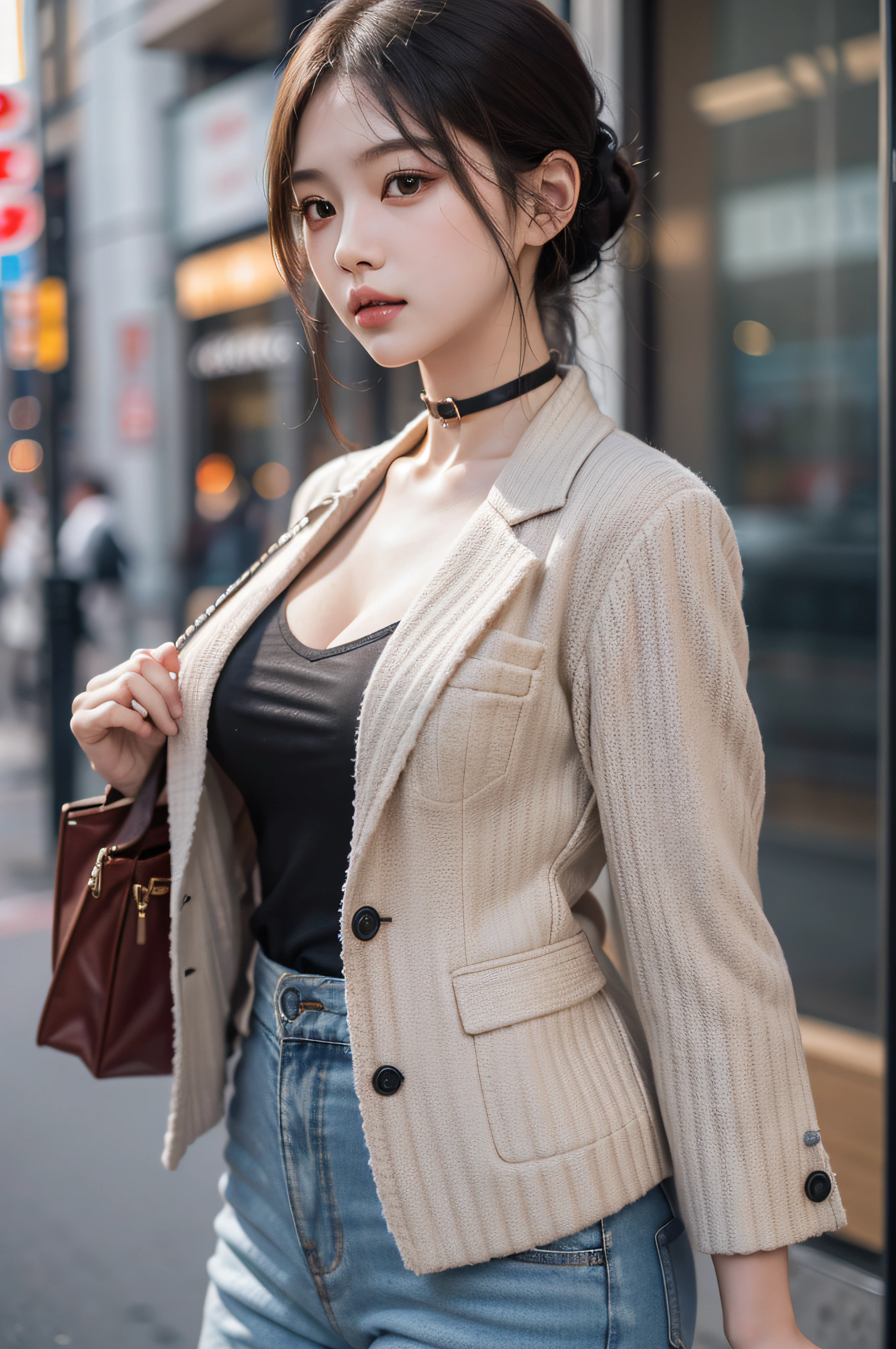 Best Quality Detail:1.2, realisitic, 8K UHD, hight resolution, 1girl in:1.2, The ultra-detailliert, High quality textures, intricate detailes, detaileds, Very detailed CG, High quality shadows, Detail Beautiful delicate face, Detail Beautiful delicate eyes, depth of fields, Ray traching, in her 20s, Pretty Kpop Girl, Korean Urzan Face:1.1, Slender face, ulzzang -6500-v1.1:0.6, pureerosface_v1, gloweyes, teak, Glossy lips, perfectbody, a choker、cleavage of the breast、 Brown hair、poneyTail:1.1, Street, Particle, look at viewr, Photorealsitic:1.4, ultra-detailliert, photos realistic, 4K 8K UHD Full Color RAW Photos, Fuji Film(Medium format:1.2), Hasselblad:1.2, Carl zeiss:1.1, Incredible dynamic range photography(UTIL_Art by Smoose-768:1.1), hight resolution, High pixel count, clear details, crisp image, Natural color reproduction, Noise Reduction, High fidelity, qulity, Software Improvements, Upscaling, Optimized algorithms, Pro-level retouching、((Shibuya, tokyo prefecture))、On the way to shopping、((Fashionable clothes with a very high design))、((Classic tailored suit: Box-shaped tailored jacket and pantsuit、Power dressing))