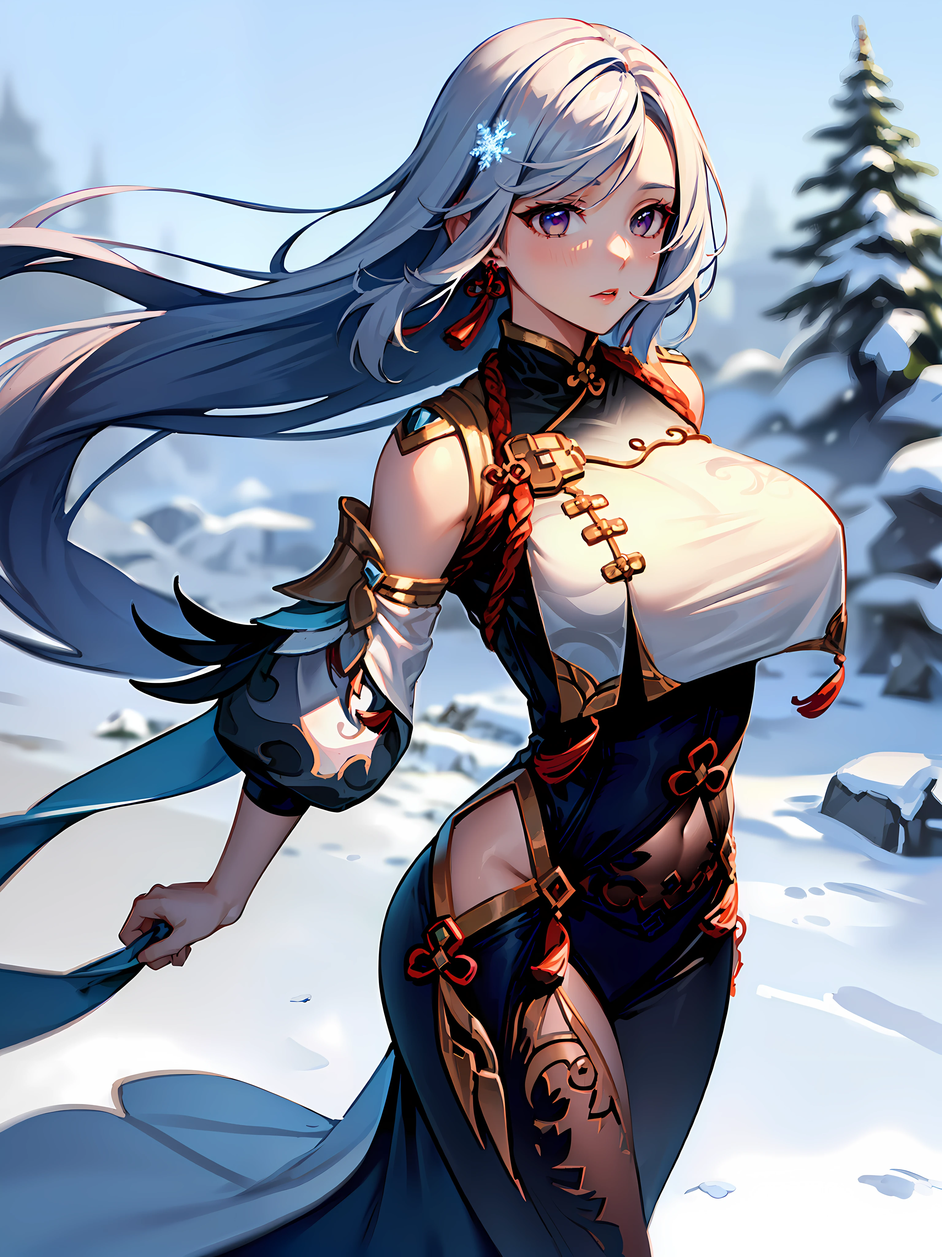 masterpiece, best quality, shenhe \(genshin impact\), 1girl, solo, earrings, jewelry, contemporary, casual, sweater, tassel, ban, snowflake, (athletic body:1.2), (large breasts), (main outfit, main dress:1.0), snow element bending