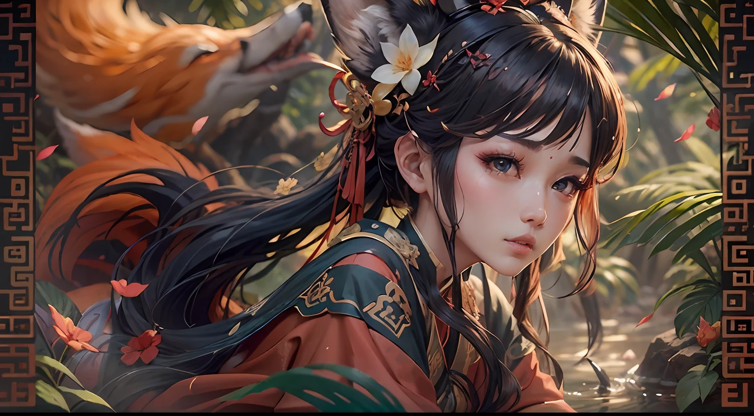 jungles，By the stream，cabelos preto e longos，Charming woman with fox ears，fox tails，Hanfu，Wide red robe，gorgeous hair accessory，China-style，Eyes are confused，Zhu's lips opened slightly，Bite your lip lightly，The face is delicate and beautiful，（Lie on your side on the edge of the stream：1.4），clean backdrop，Macro lens，Enhanced depth of field，Works of masters，best qualtiy，8K分辨率，super-fine，Accurate